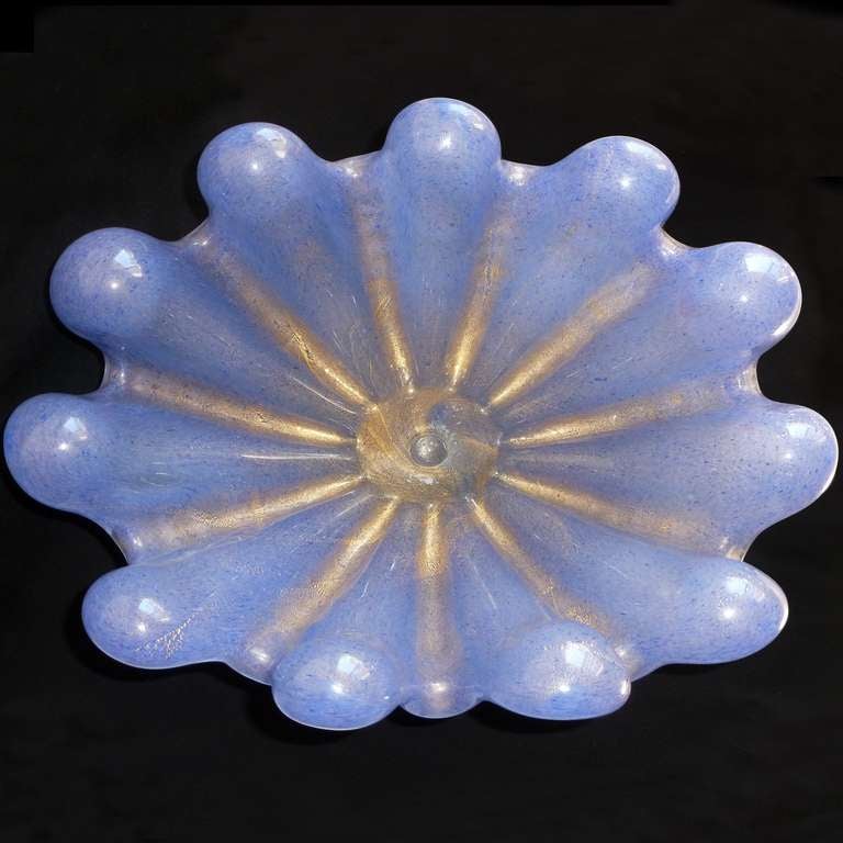 Art Deco Ercole Barovier Toso Murano Blue Gold Flecks Italian Art Glass Conch Shell Bowl For Sale