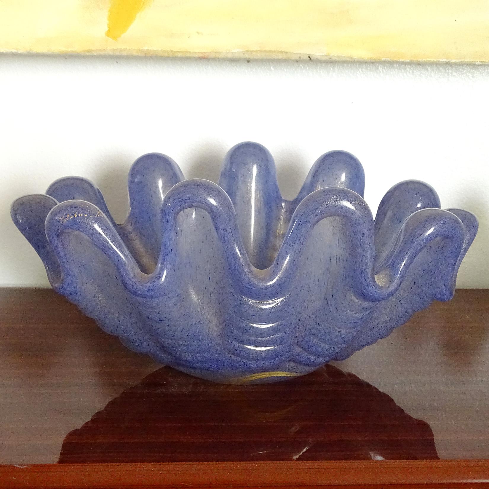 Ercole Barovier Toso Murano Azul Motas Doradas Vaso de Concha de Vidrio Artístico Italiano Hecho a mano en venta