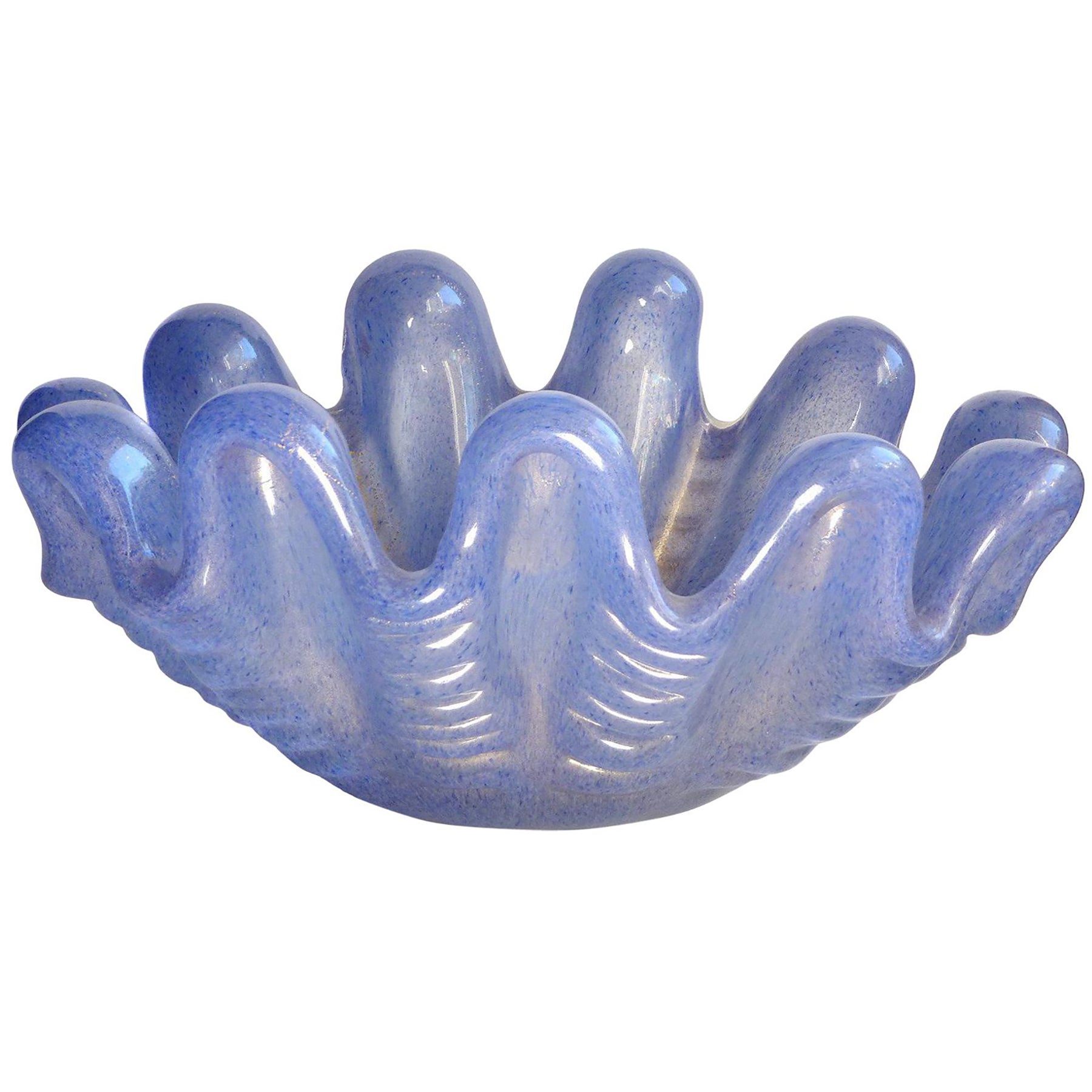 Ercole Barovier Toso Murano Blue Gold Flecks Italian Art Glass Conch Shell Bowl