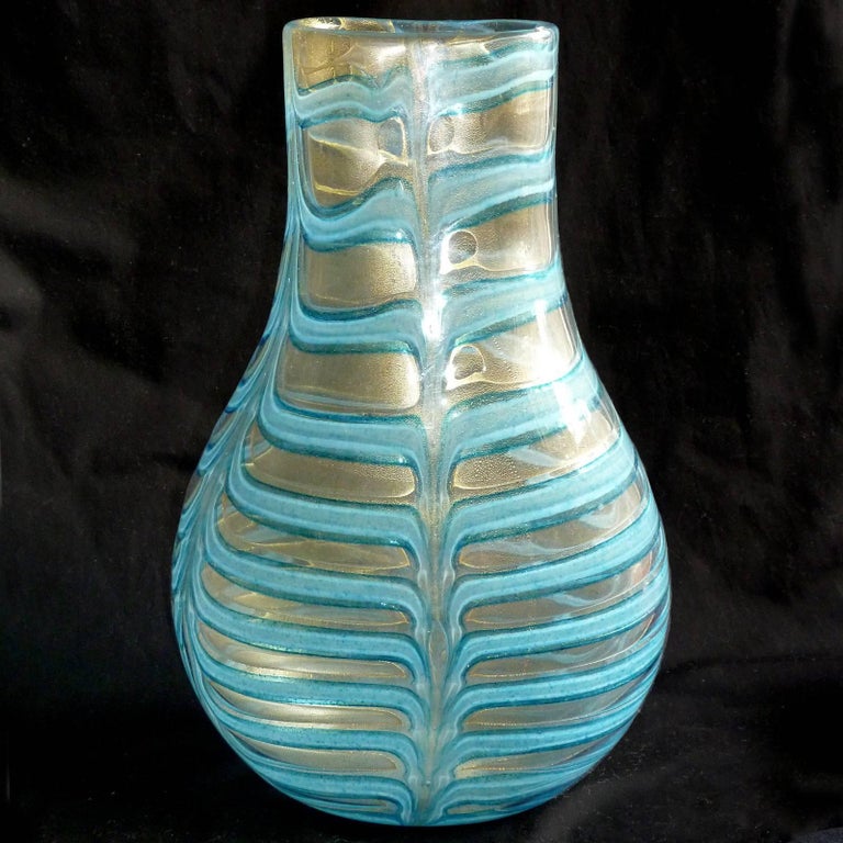 Hand-Crafted Ercole Barovier Toso Murano Blue Gold Flecks Italian Art Glass Flower Vase For Sale