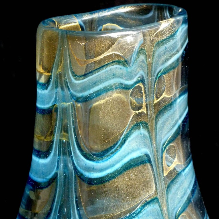 Ercole Barovier Toso Murano Blue Gold Flecks Italian Art Glass Flower Vase In Good Condition For Sale In Kissimmee, FL