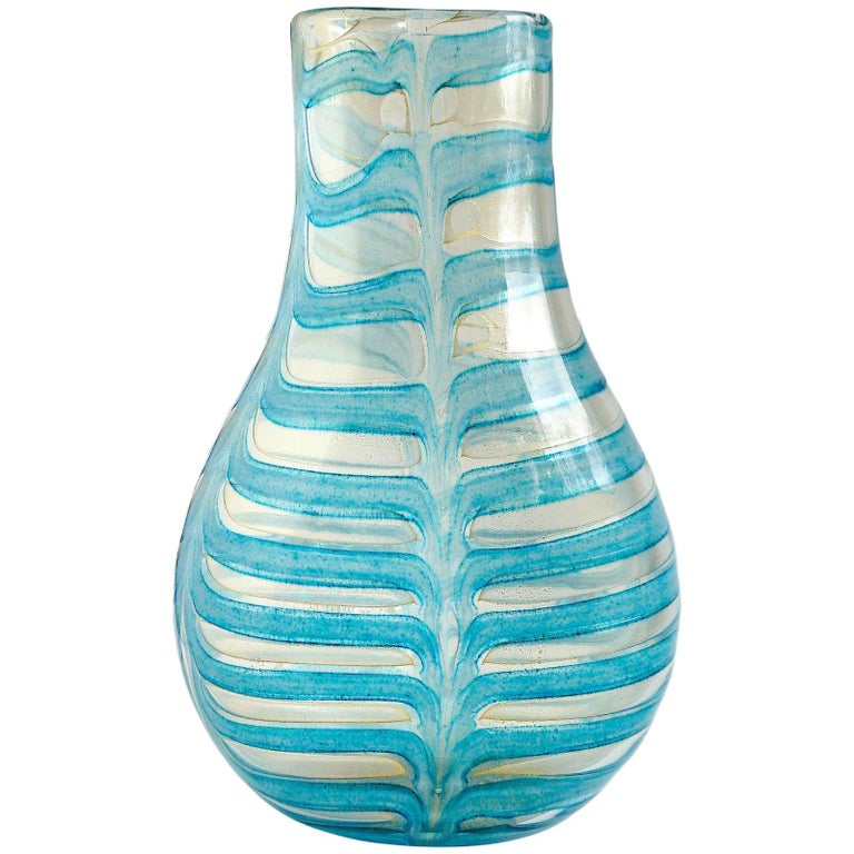 Ercole Barovier Toso Murano Blue Gold Flecks Italian Art Glass Flower Vase For Sale
