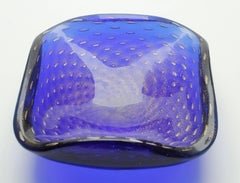 Ercole Barovier Toso Murano Dark Cobalt Blue Gold Flecks Italian Art Glass Bowl