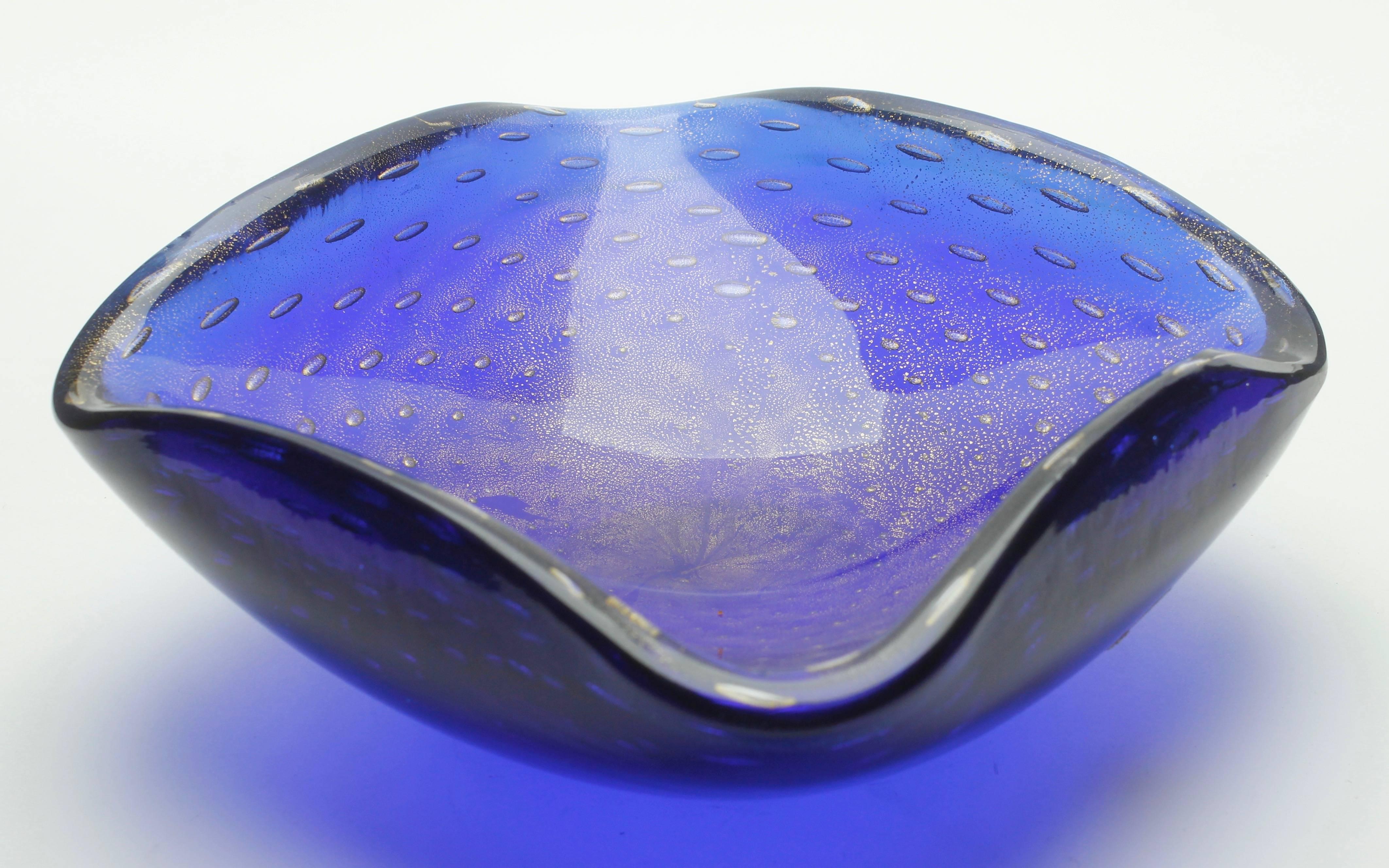 Hand-Crafted Ercole Barovier Toso Murano Dark Cobalt Blue Gold Flecks Italian Art Glass Bowl