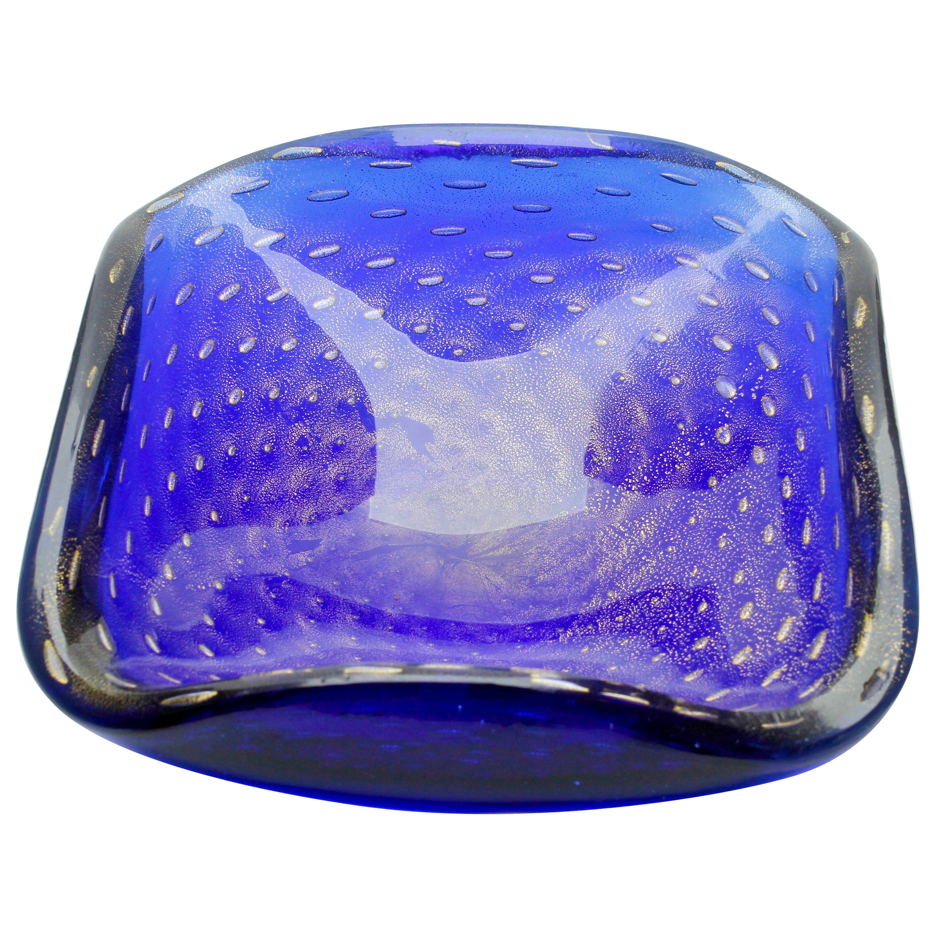 Ercole Barovier Toso Murano Dark Cobalt Blue Gold Flecks Italian Art Glass Bowl