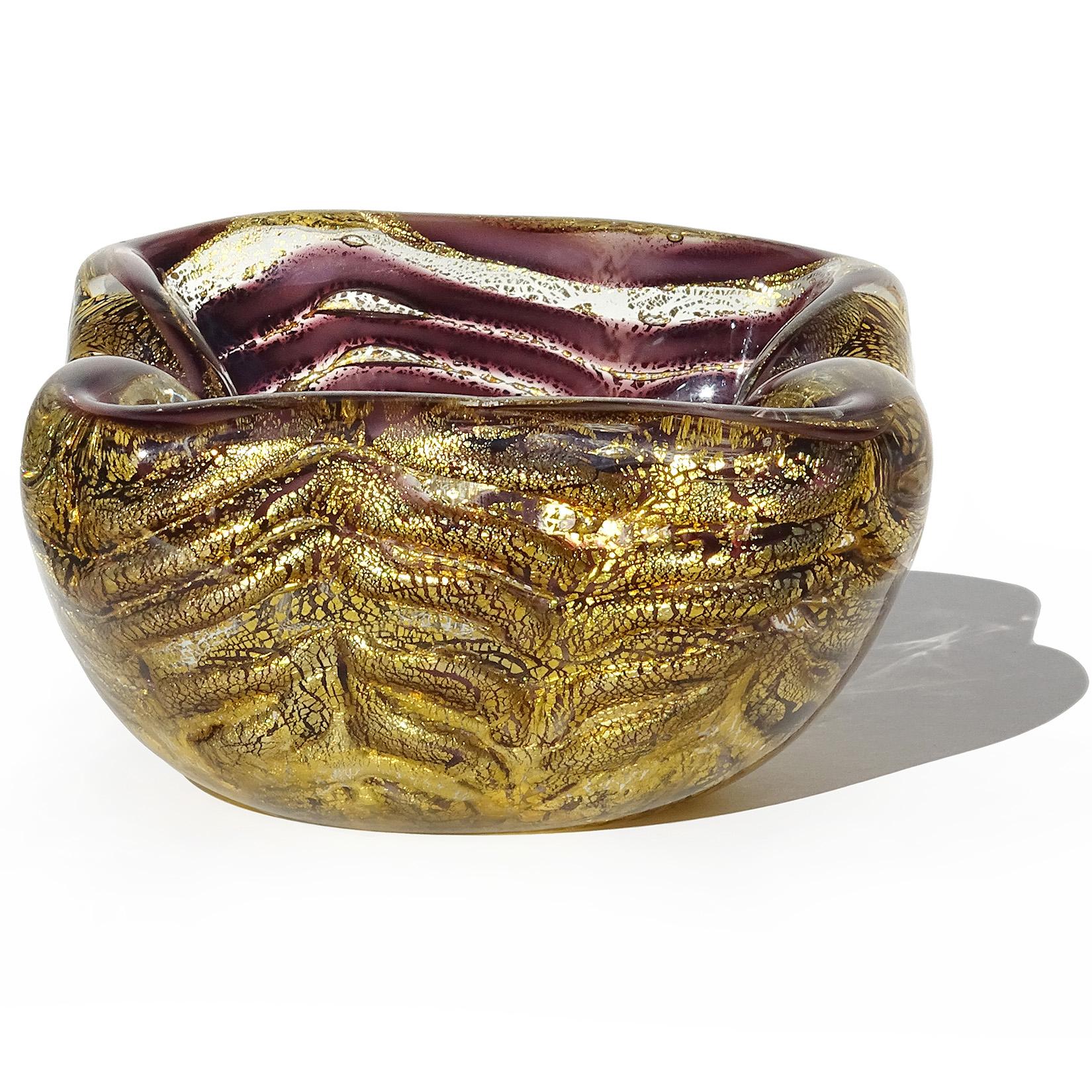 Hand-Crafted Ercole Barovier Toso Murano Gold Fleck Purple Web Italian Art Glass Bowl Ashtray