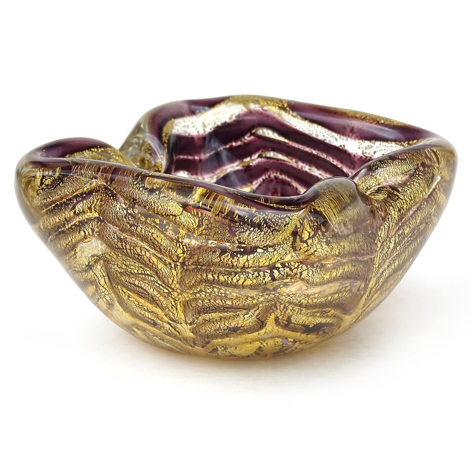 20th Century Ercole Barovier Toso Murano Gold Fleck Purple Web Italian Art Glass Bowl Ashtray