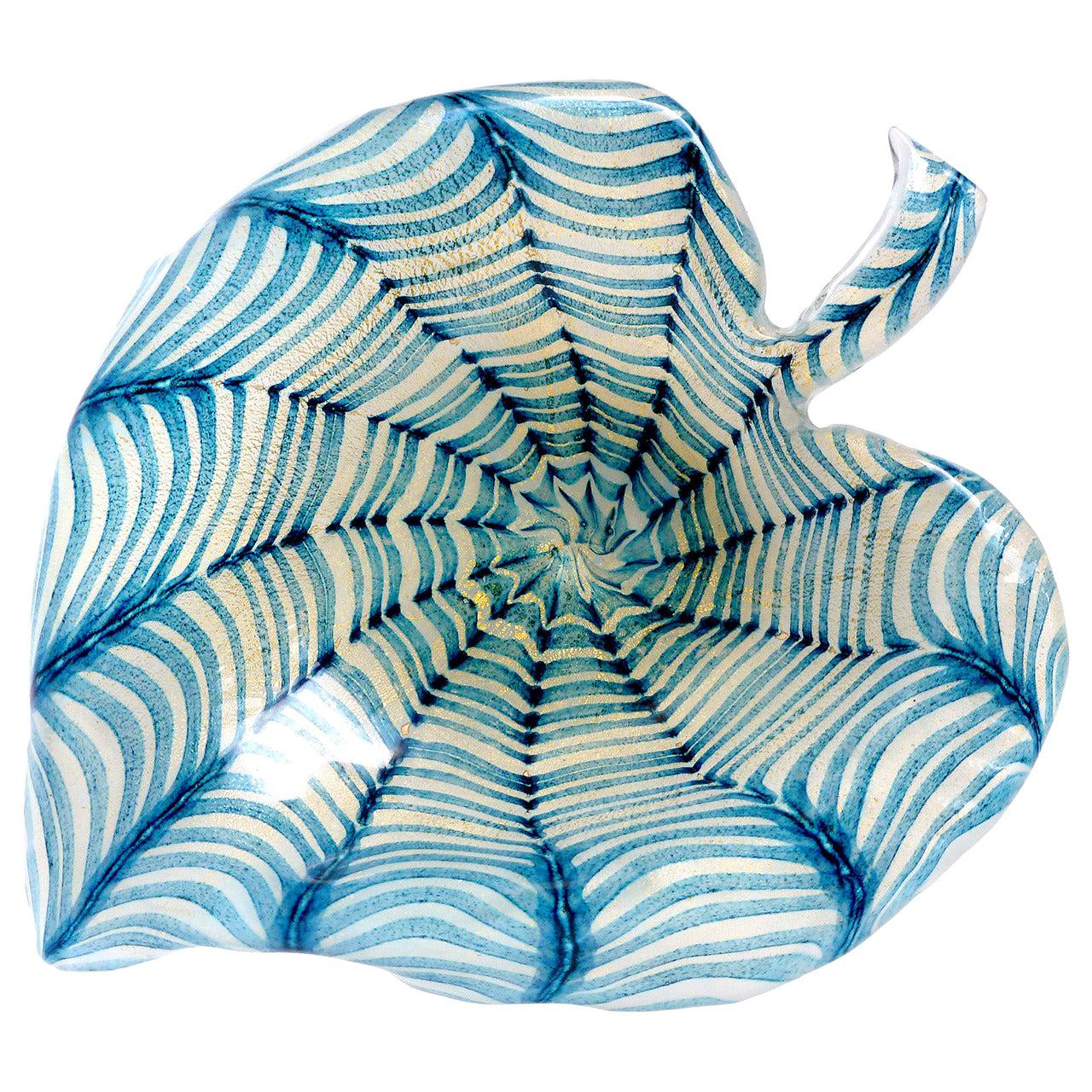 Ercole Barovier Toso Murano Gold Flecks Blue Spiderweb Italian Art Glass Bowl