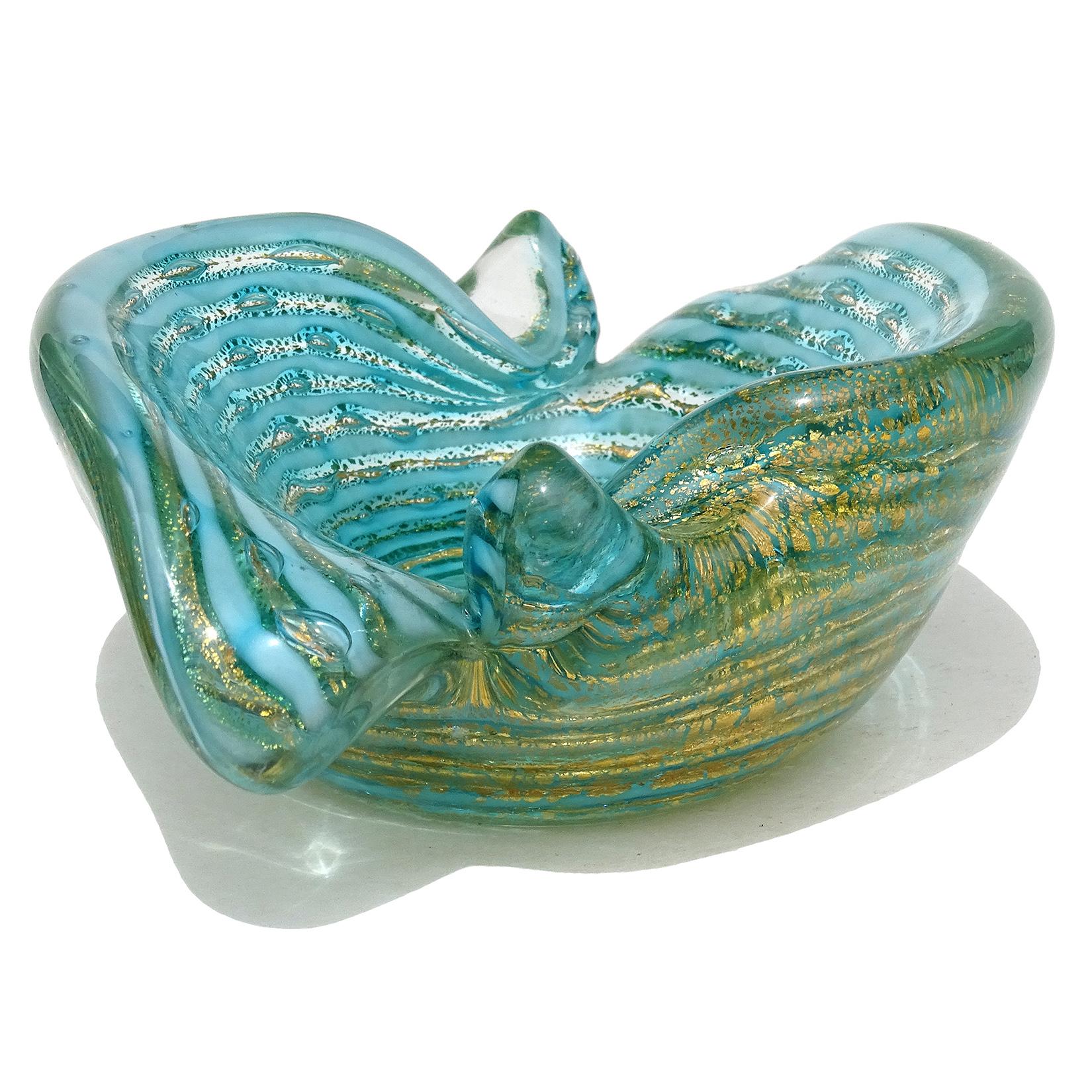 Mid-Century Modern Ercole Barovier Toso Murano Gold Flecks Blue Swirl Stripe Italian Art Glass Bowl For Sale
