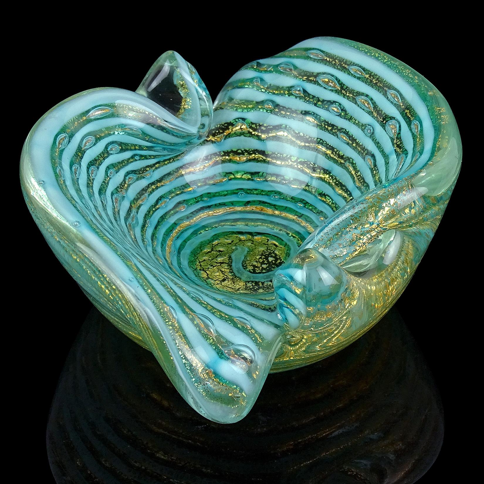 Hand-Crafted Ercole Barovier Toso Murano Gold Flecks Blue Swirl Stripe Italian Art Glass Bowl For Sale