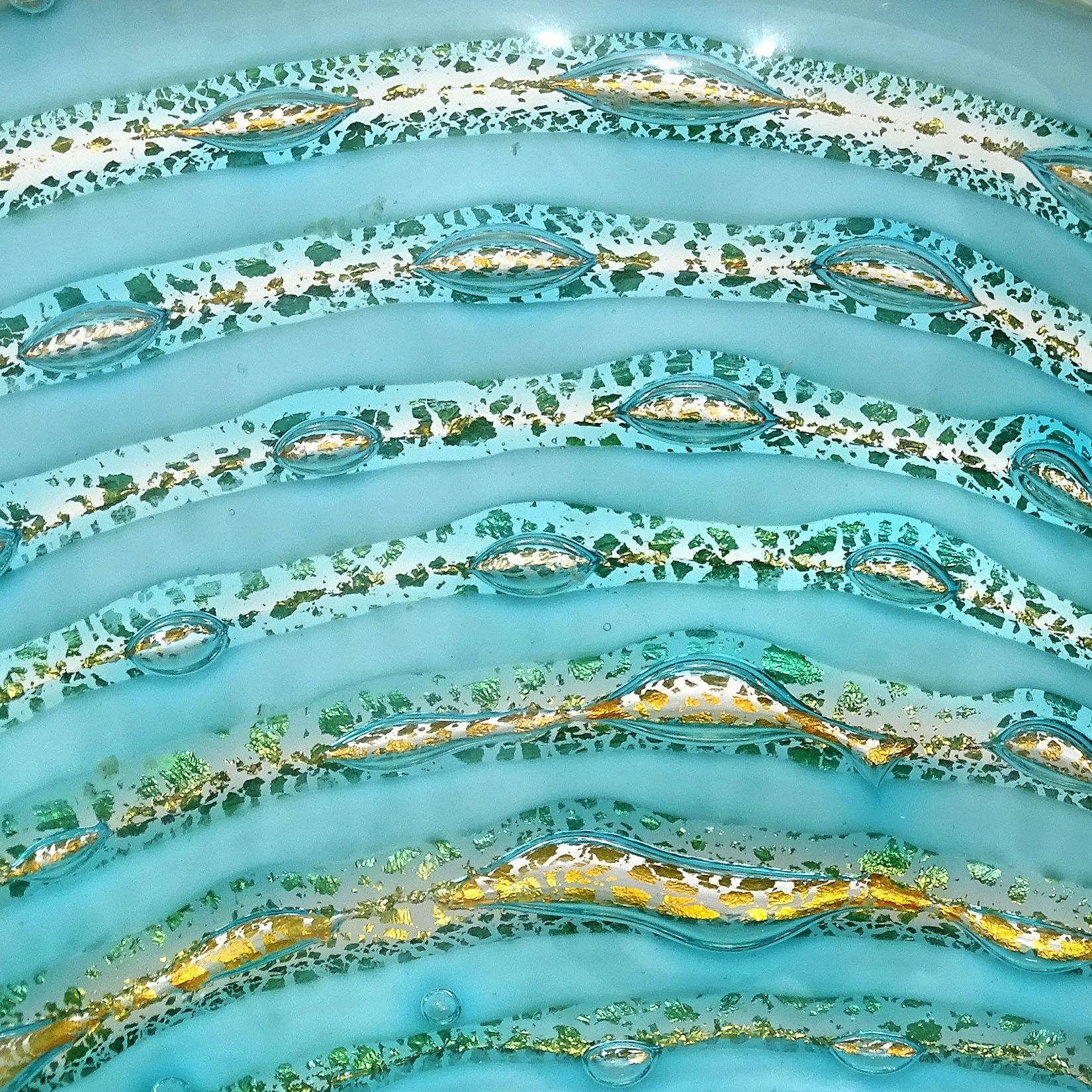 Ercole Barovier Toso Murano Gold Flecks Blue Swirl Stripe Italian Art Glass Bowl In Good Condition For Sale In Kissimmee, FL
