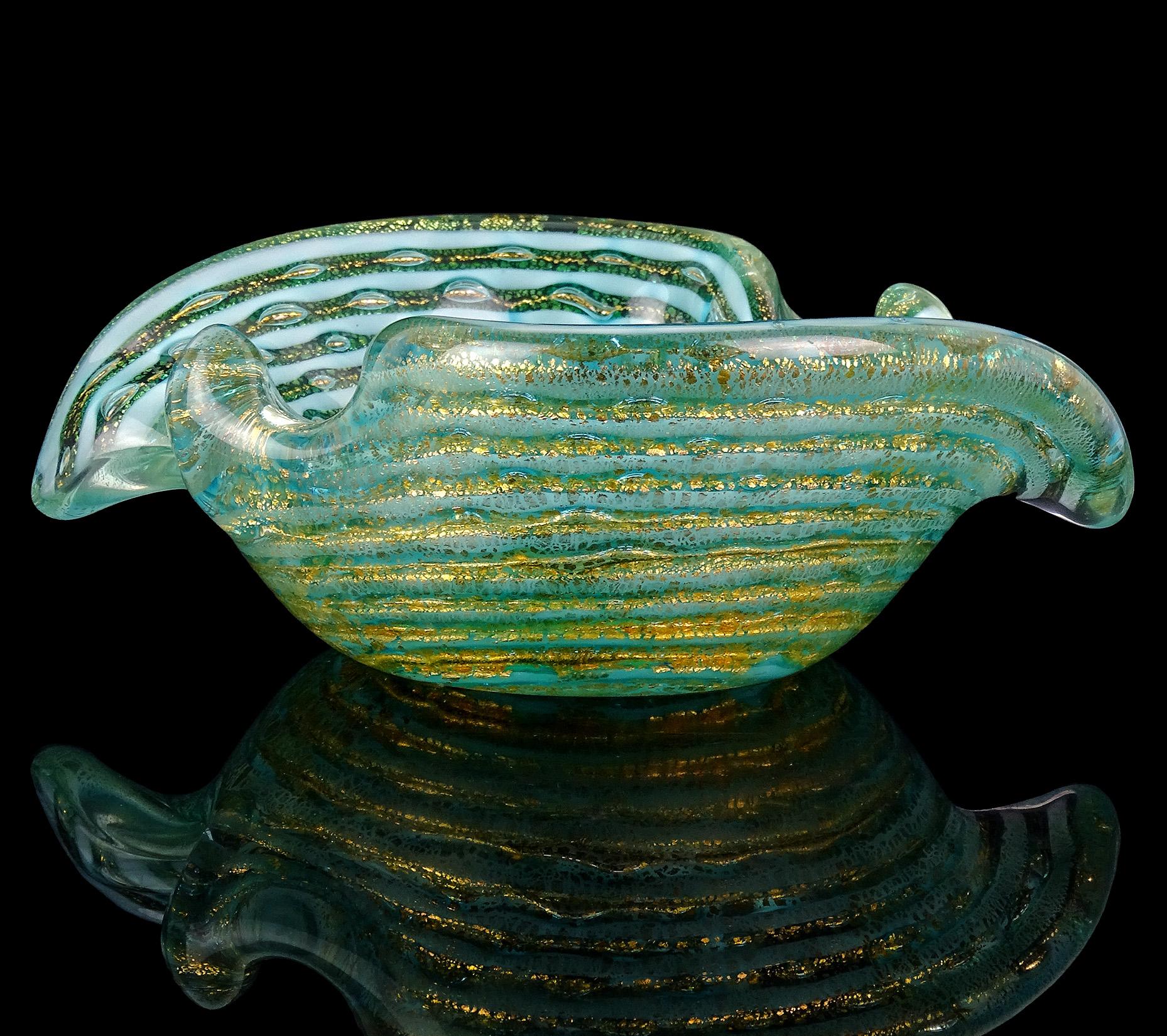 20th Century Ercole Barovier Toso Murano Gold Flecks Blue Swirl Stripe Italian Art Glass Bowl For Sale