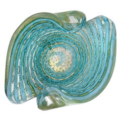 Ercole Barovier Toso Murano Ciotola in vetro artistico italiano a righe blu a fiocchi d'oro