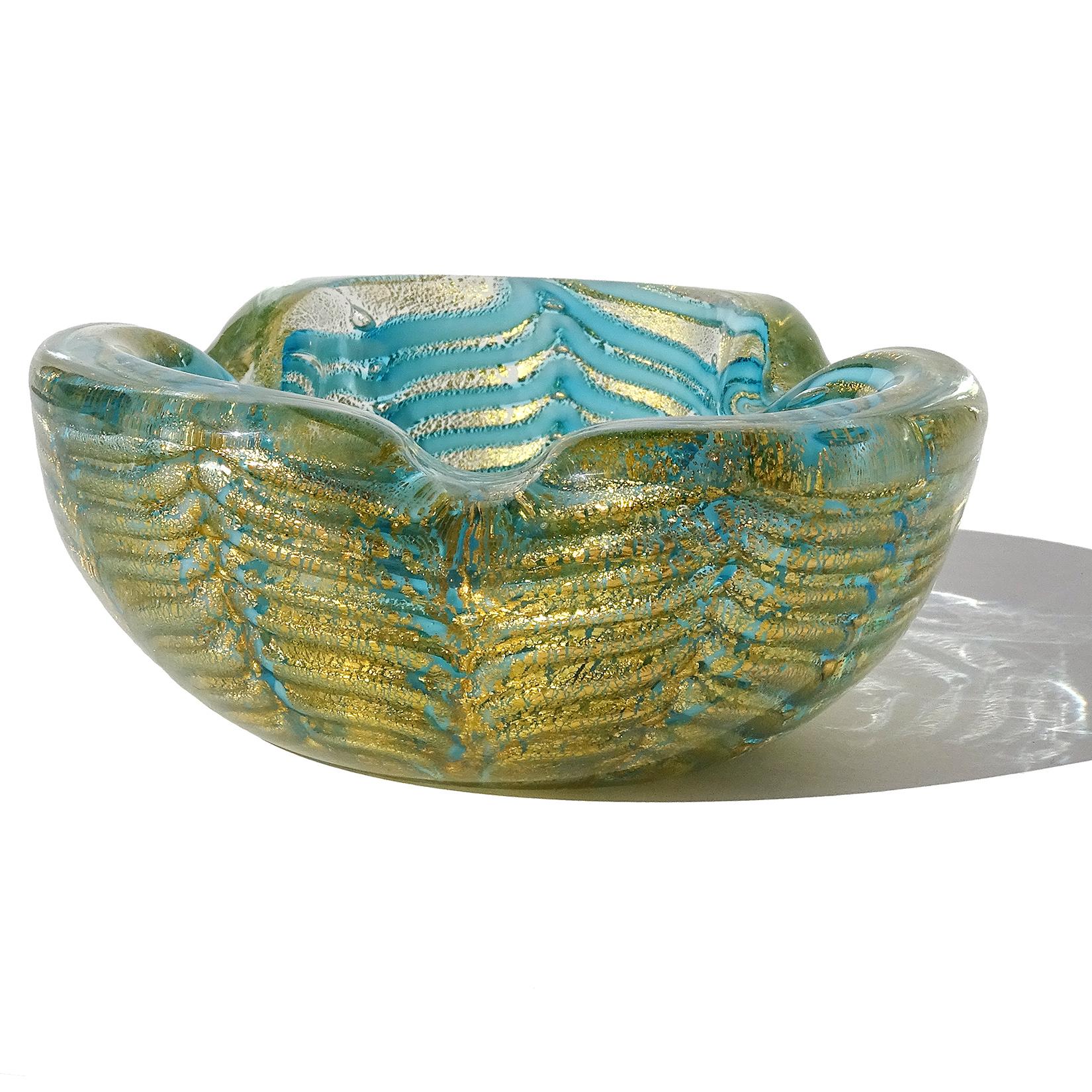 Mid-Century Modern Ercole Barovier Toso Murano Gold Flecks Blue Web Italian Art Glass Bowl Dish For Sale
