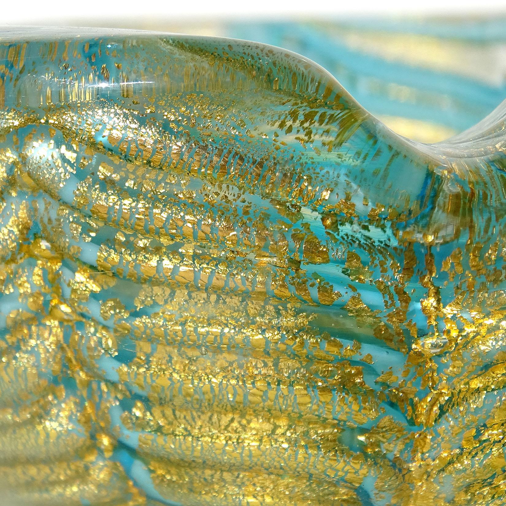 Hand-Crafted Ercole Barovier Toso Murano Gold Flecks Blue Web Italian Art Glass Bowl Dish For Sale