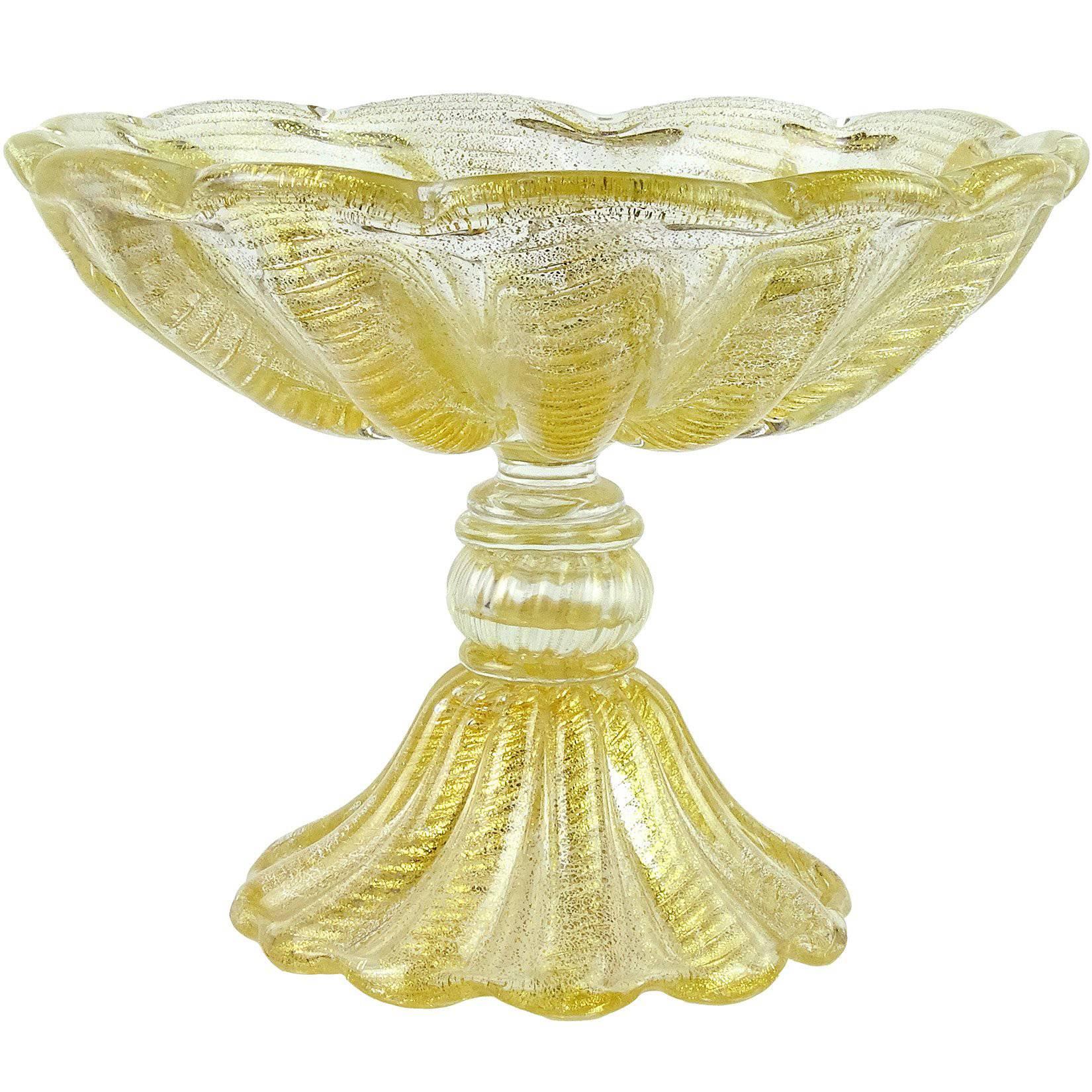 Ercole Barovier e Toso Murano Gold Flecks Italian Art Glass Footed Compote Bowl