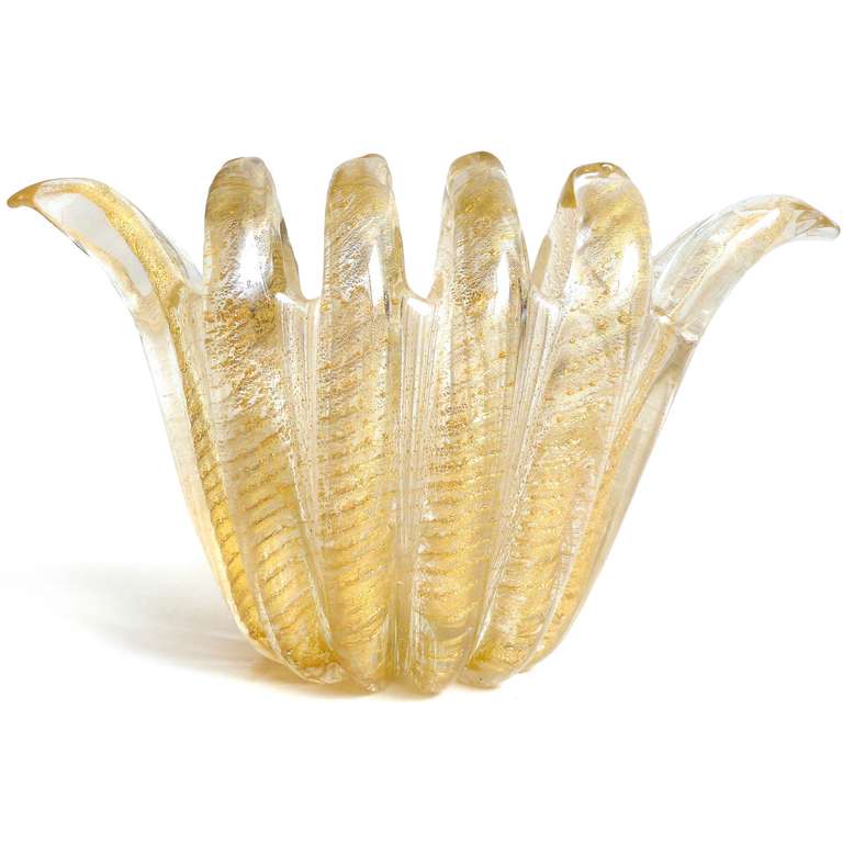 Price per item (3 different pieces available) - Beautiful large Murano hand blown gold flecks Italian art glass vases. Documented to designer Ercole Barovier, for the Barovier e Toso Company. Done in the Cordonato D' Oro design. There are 3