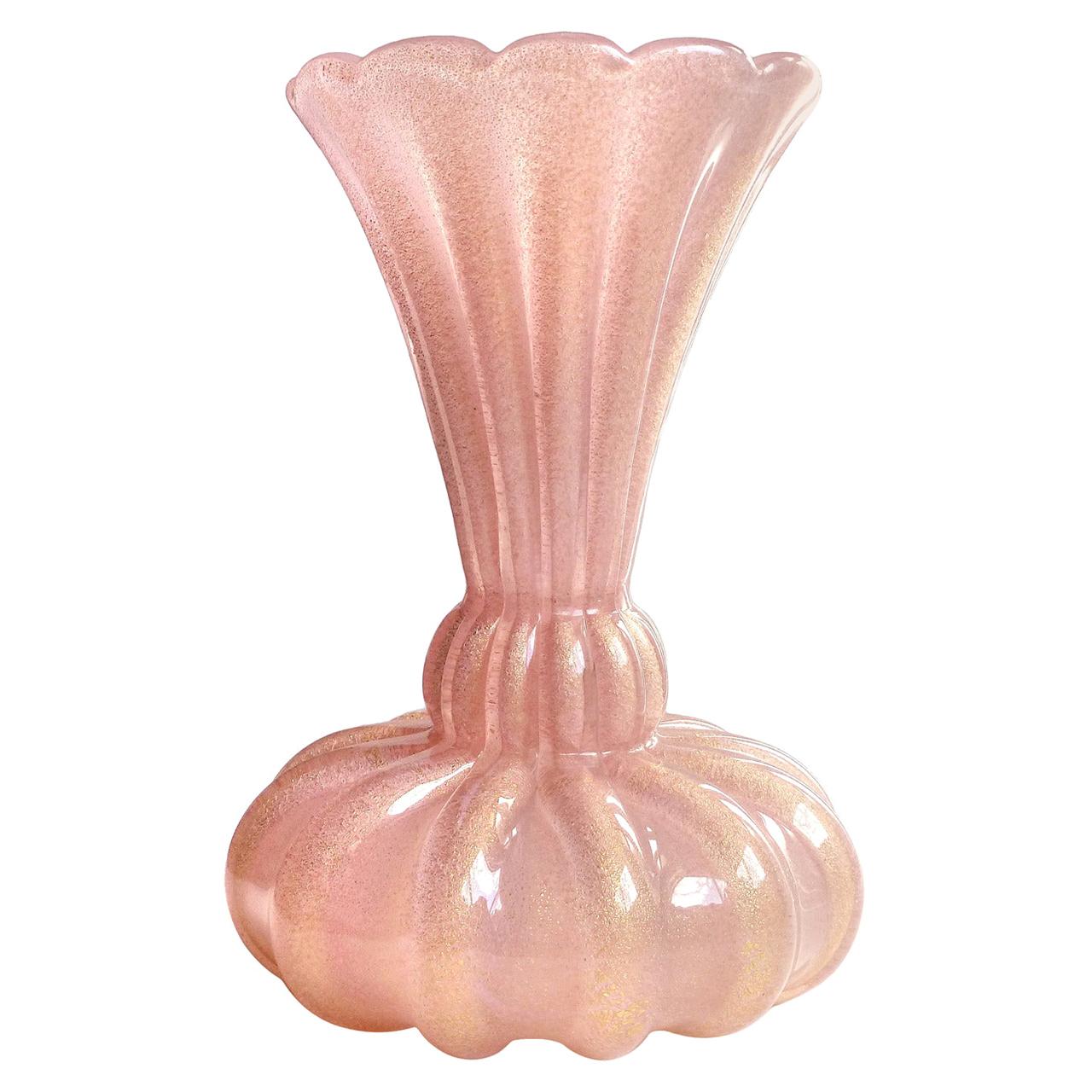 Ercole Barovier Toso Murano Pink Gold Flecks Italian Art Glass Flower Vase