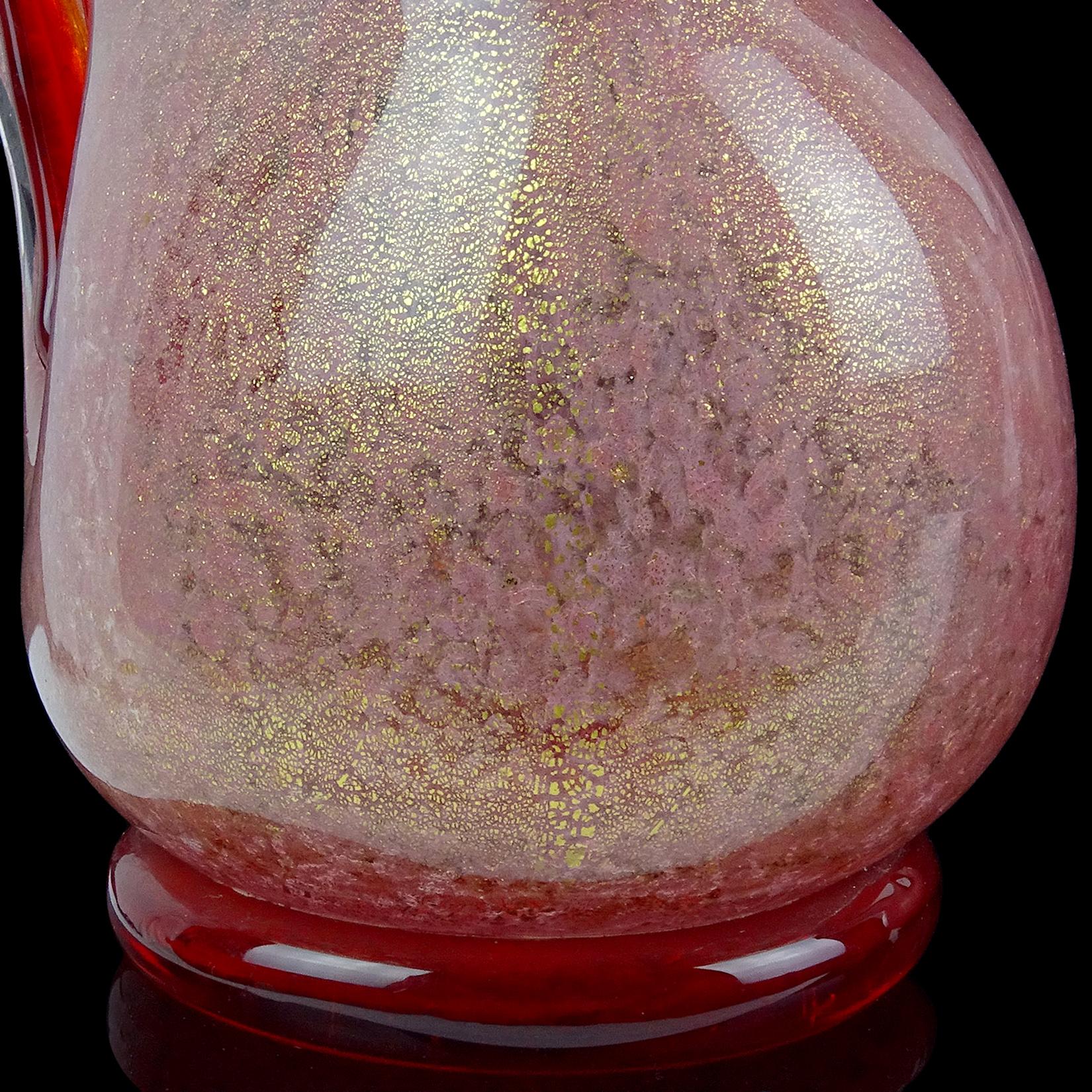 Ercole Barovier Toso Murano Red Pink Gold Flecks Italian Art Glass Pitcher Vase In Good Condition For Sale In Kissimmee, FL
