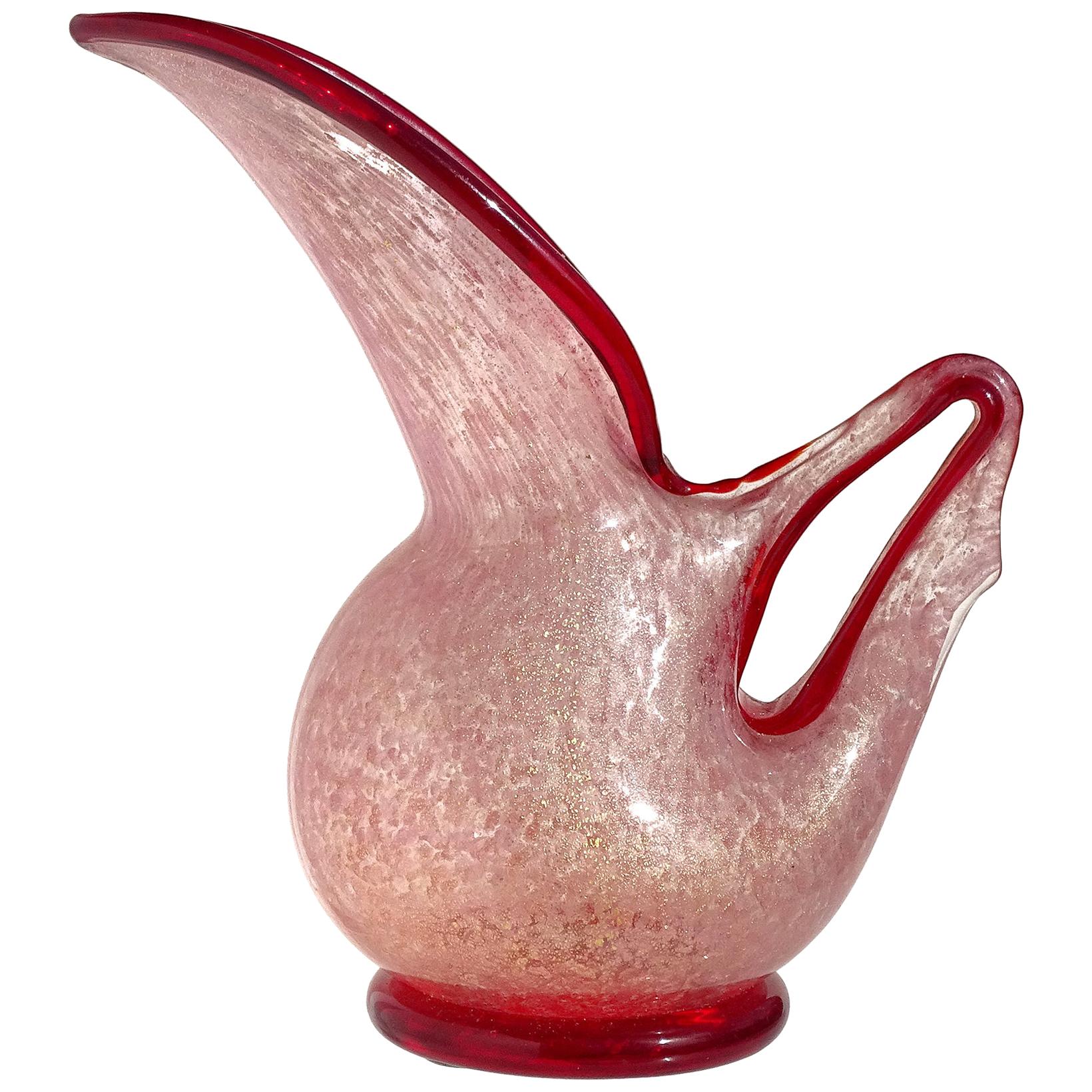 Ercole Barovier Toso Murano Red Pink Gold Flecks Italian Art Glass Pitcher Vase