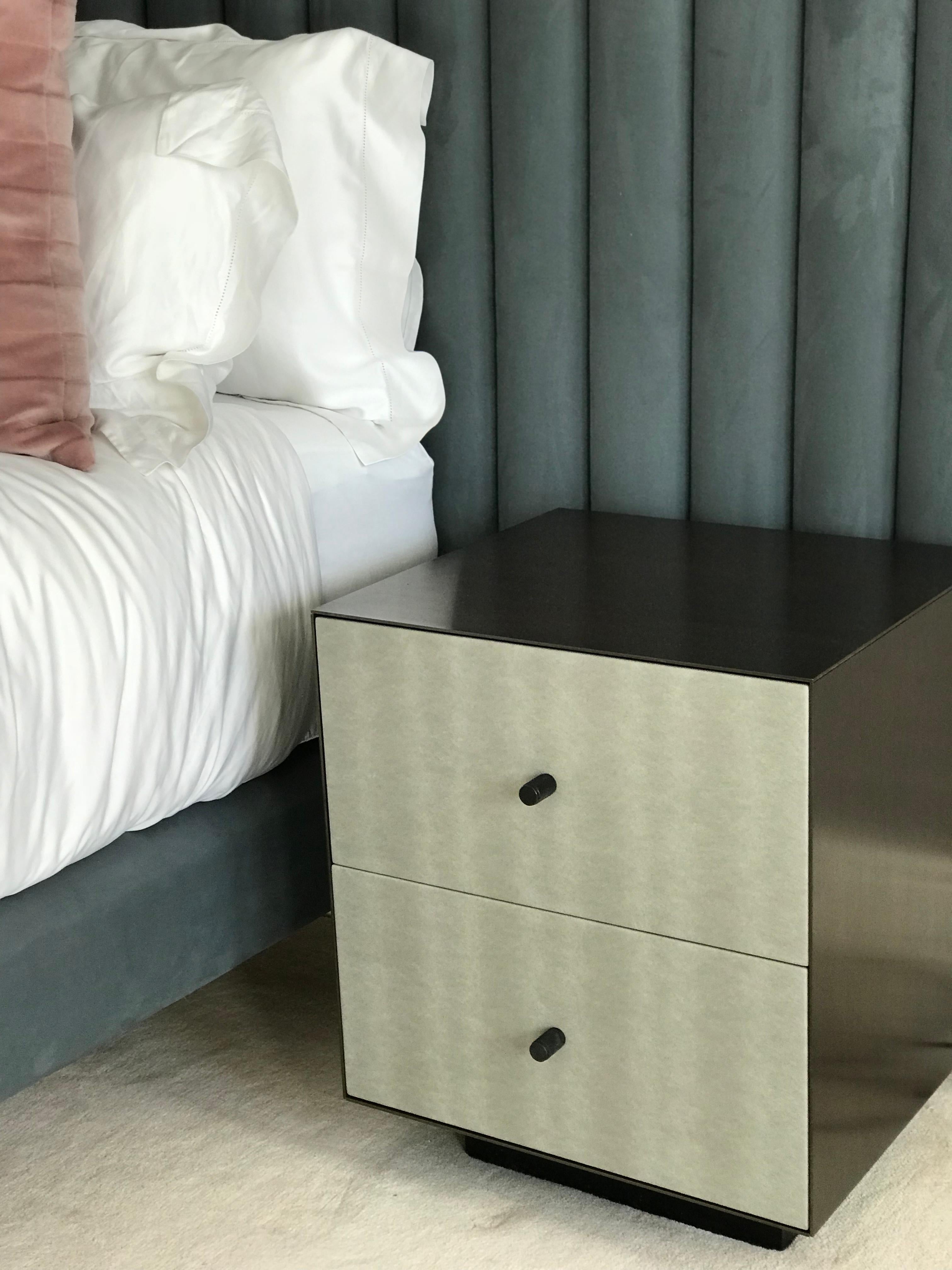 Ercole Bedside Table Powder Coated and Ultraleather Pony Upholstery For Sale 1