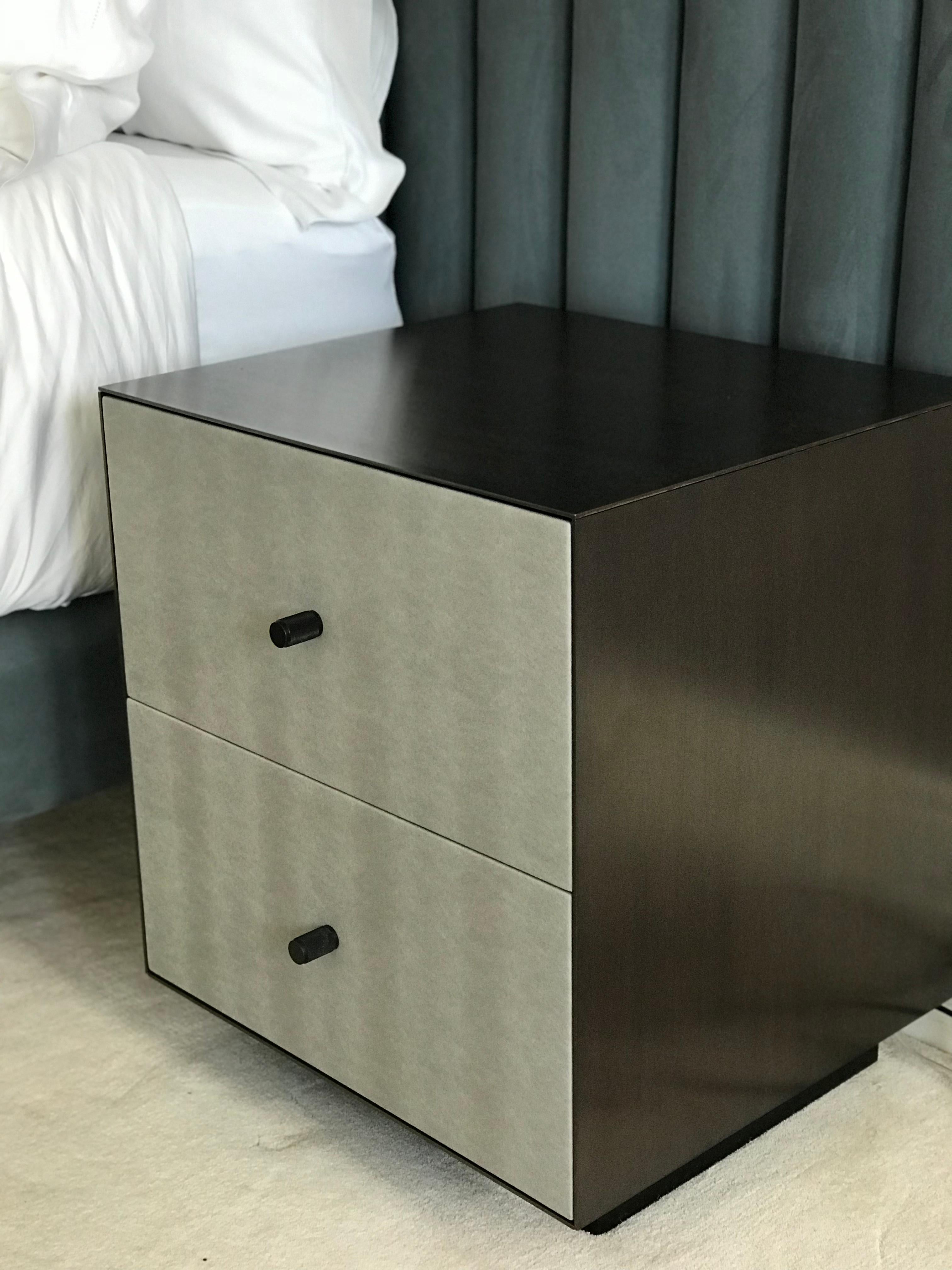 Ercole Bedside Table Powder Coated and Ultraleather Pony Upholstery For Sale 2