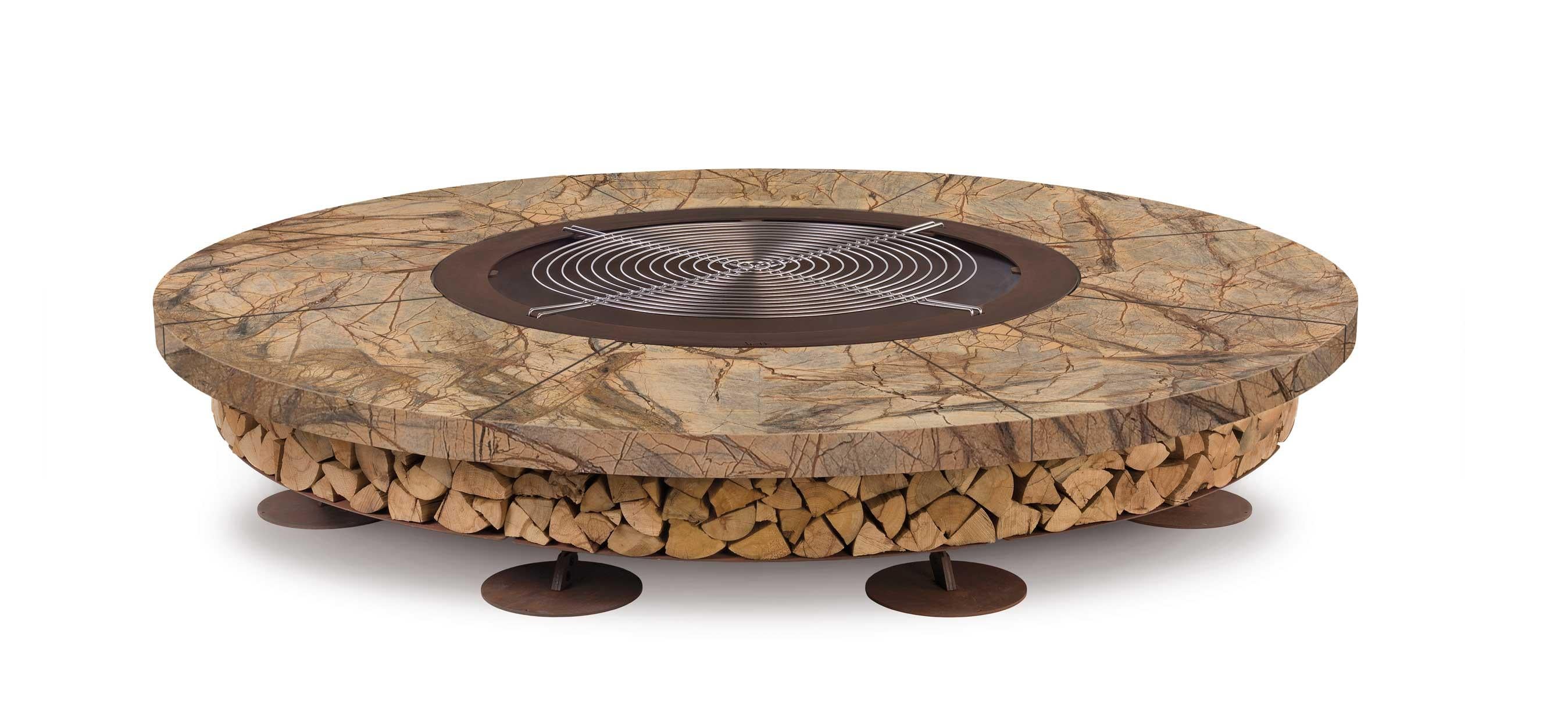 Ercole large Rain Forest brown marble fire pit by AK47 Design

Rain Forest brown marble fire pit Ø2500 mm.
Ercole is a outdoor wood-burning fire pit.
It is born by the union of two raw materials – the steel as a structural element and the marble