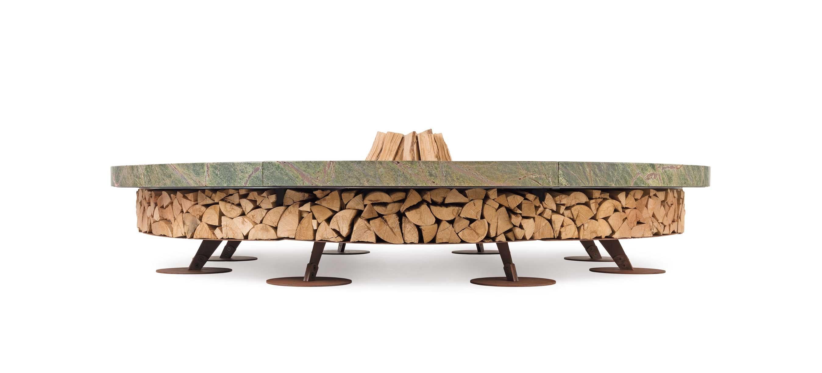 Ercole large Rain Forest green marble fire pit by AK47 Design

Rain Forest green marble fire pit Ø2500 mm.
Ercole is a outdoor wood-burning fire pit.
It is born by the union of two raw materials – the steel as a structural element and the marble