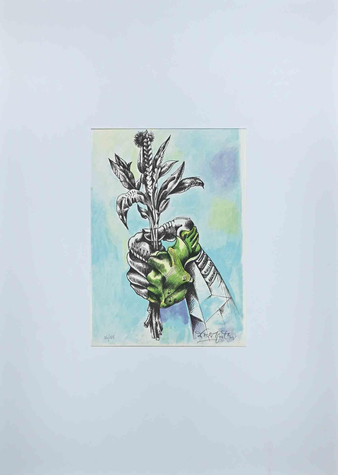 The Hand With the Flower - Original Lithograph by Ercole Pignatelli - 1971