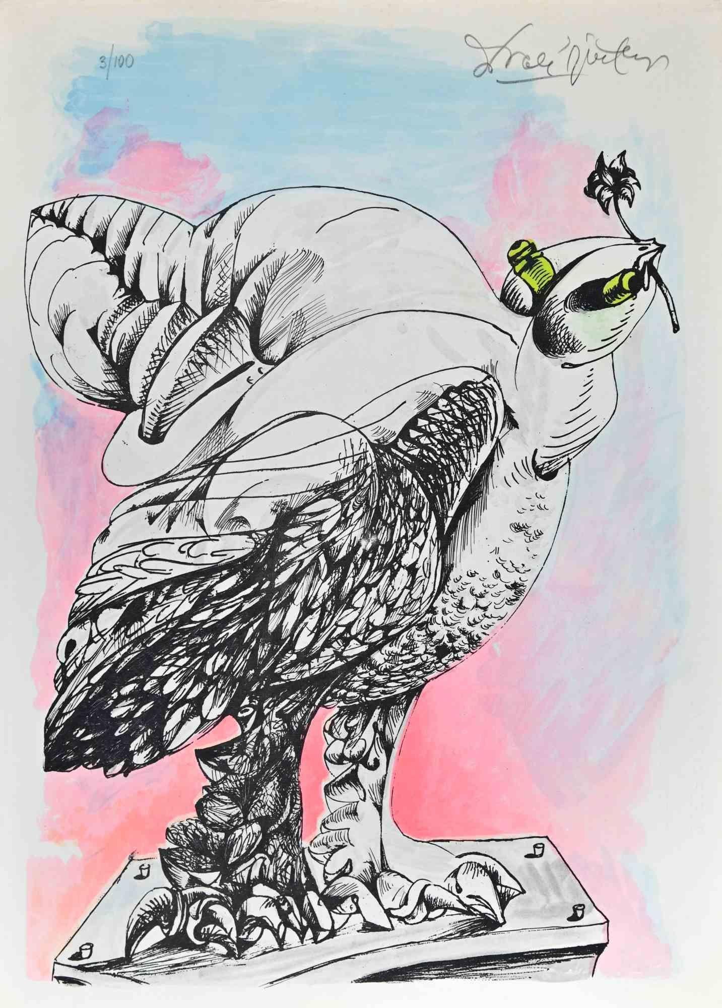 The Peace Bird is an original artwork realized by Ercole Pignatelli in 1972. Colored lithograph.

Hand-signed and numbered by the artist in pencil at the top. Edition of 100. The artwork is printed by "la nuova foglio s.p.a., label on the back. 