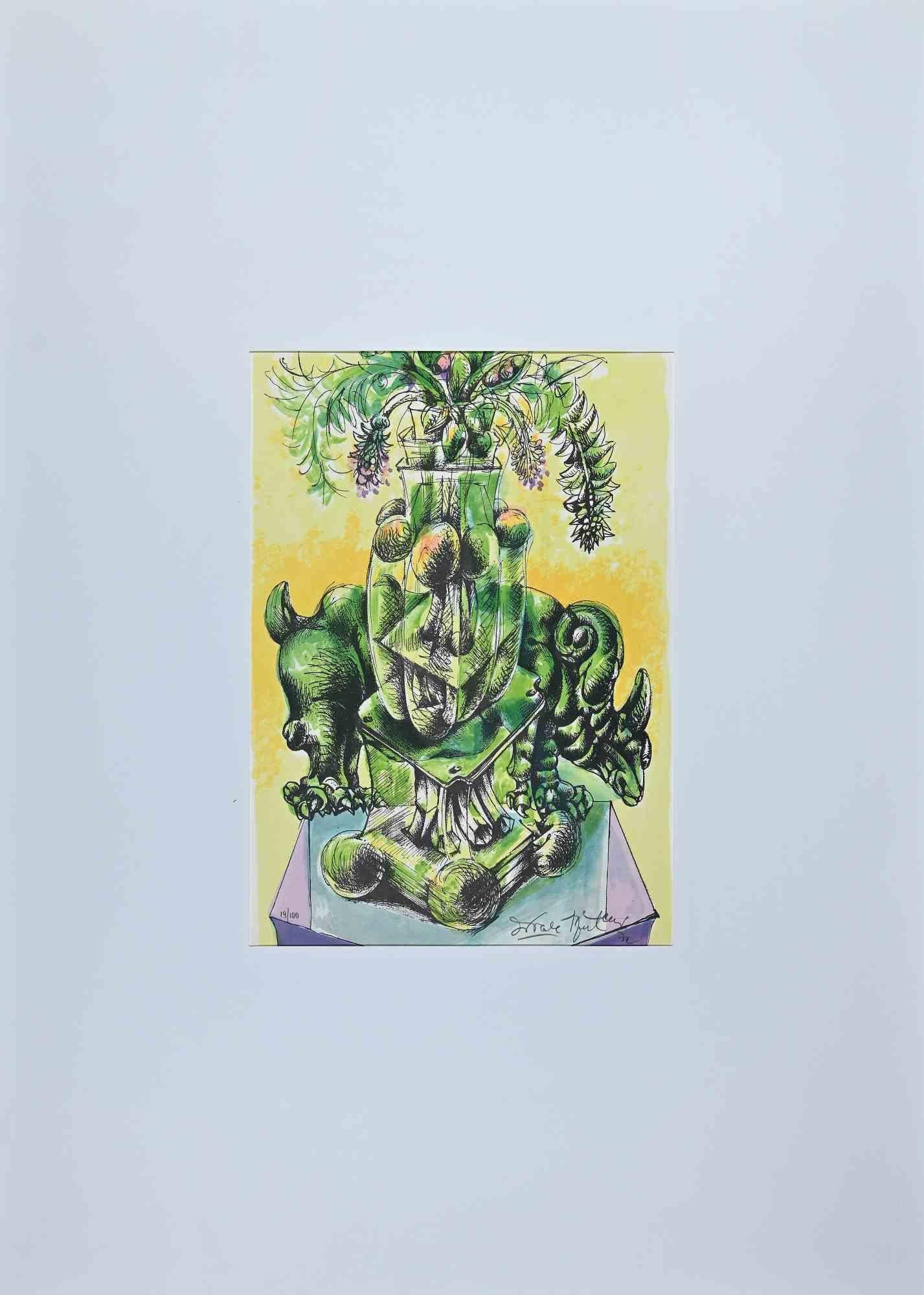 The Vase is an original artwork realized by Ercole Pignatelli in 1971. Colored lithograph.

Hand-signed  by the artist in pencil on the lower right., Numbered. Edition of 100. The artwork is printed by "la nuova foglio s.p.a., label on the back.