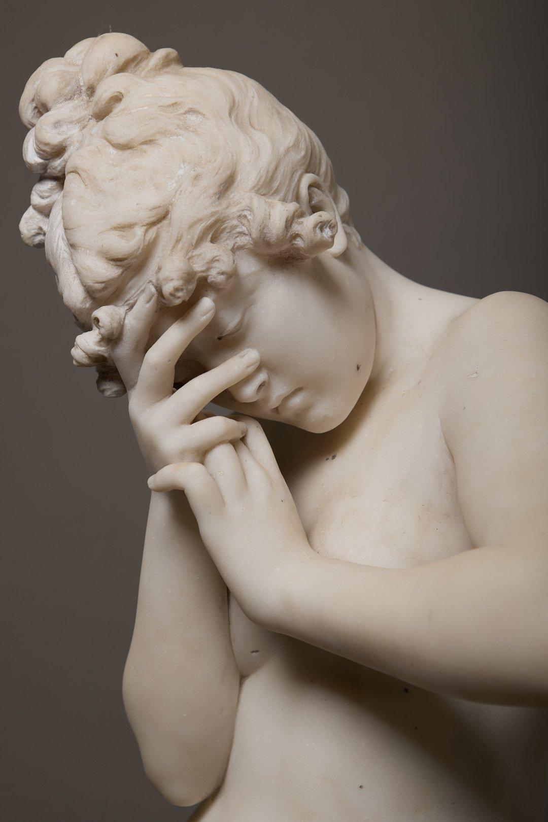 Ercole Rosa (Italian, 1846 - 1893) 
Frine (Phryne)
Marble 
Signed 'E. Rosa, Studio O. Andreoni, Roma' on back
34.5 x 12 x 10 inches
80 lb. 

Phryne was a 4th century BC famous Greek hetaira. Born Mnesarete, she was called Phryne (toad in Greek)