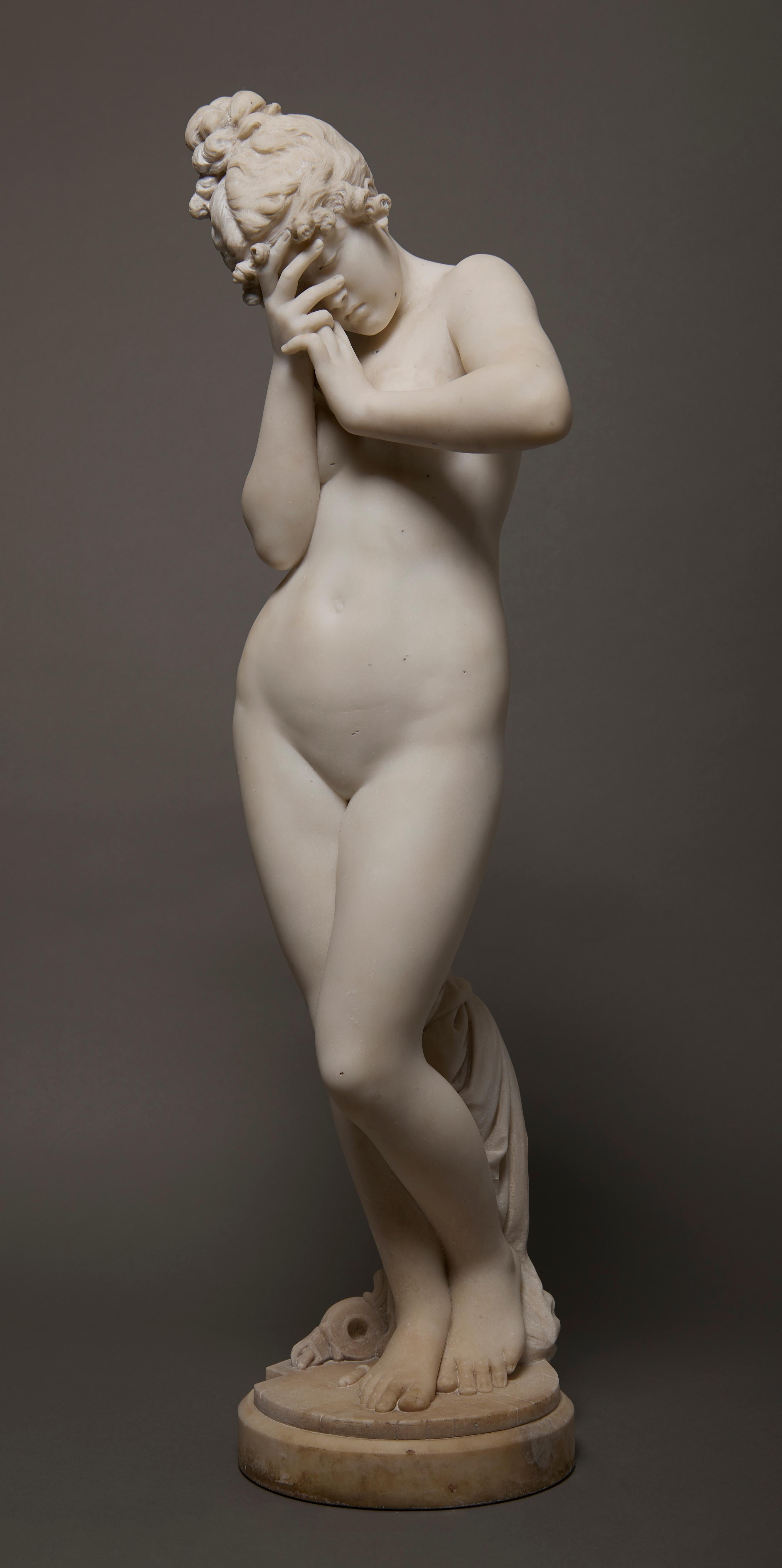 Frine (Phryne), grande sculpture en marbre du 19ème siècle représentant une femme nue