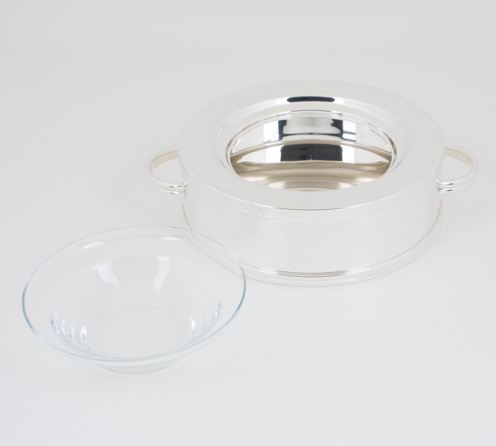 Modern Ercuis, Paris Silver Plate and Crystal Caviar Bowl Dish Server, circa 1960 For Sale
