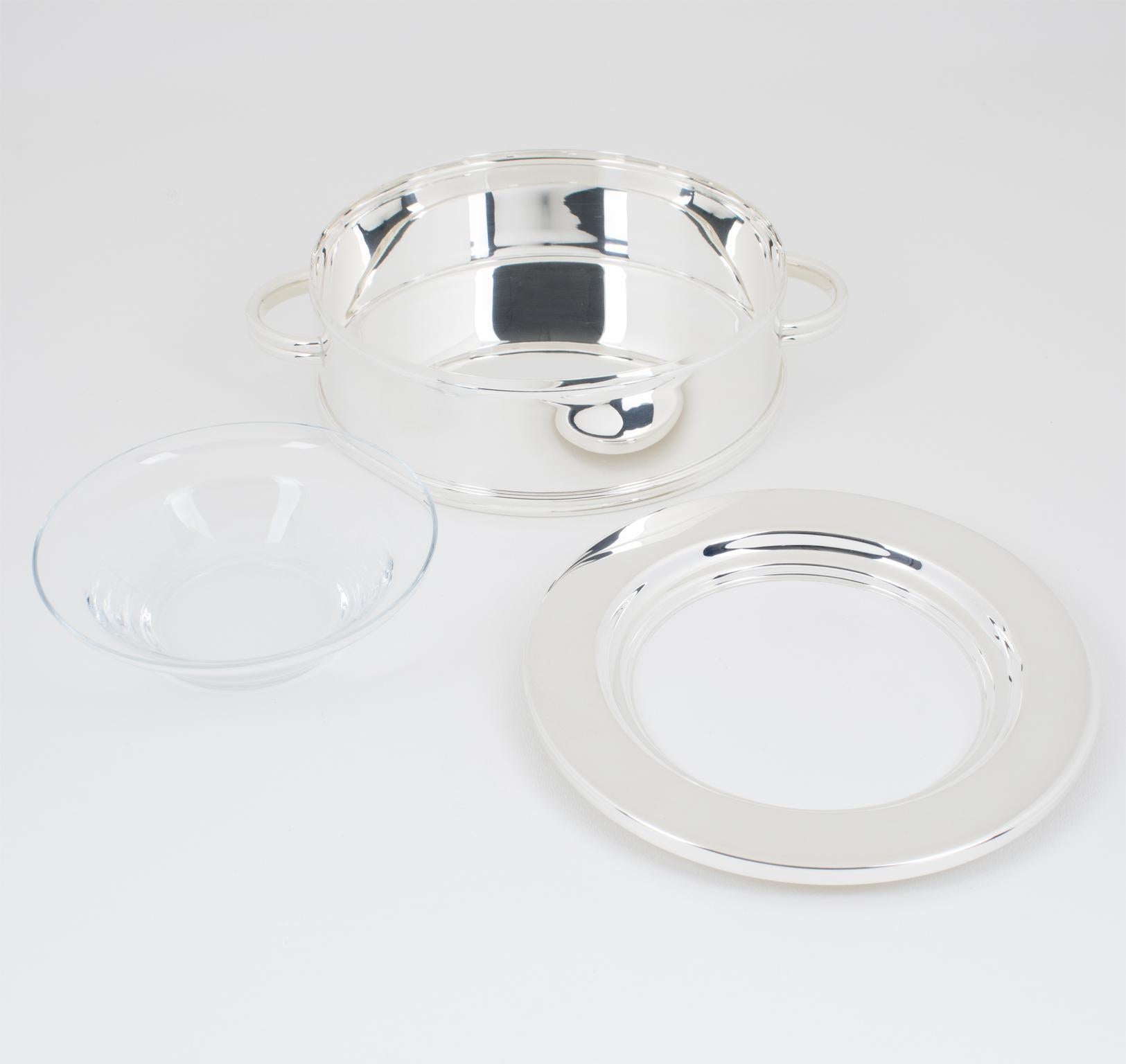 Ercuis, Paris Silver Plate and Crystal Caviar Bowl Dish Server, circa 1960 In Excellent Condition For Sale In Atlanta, GA