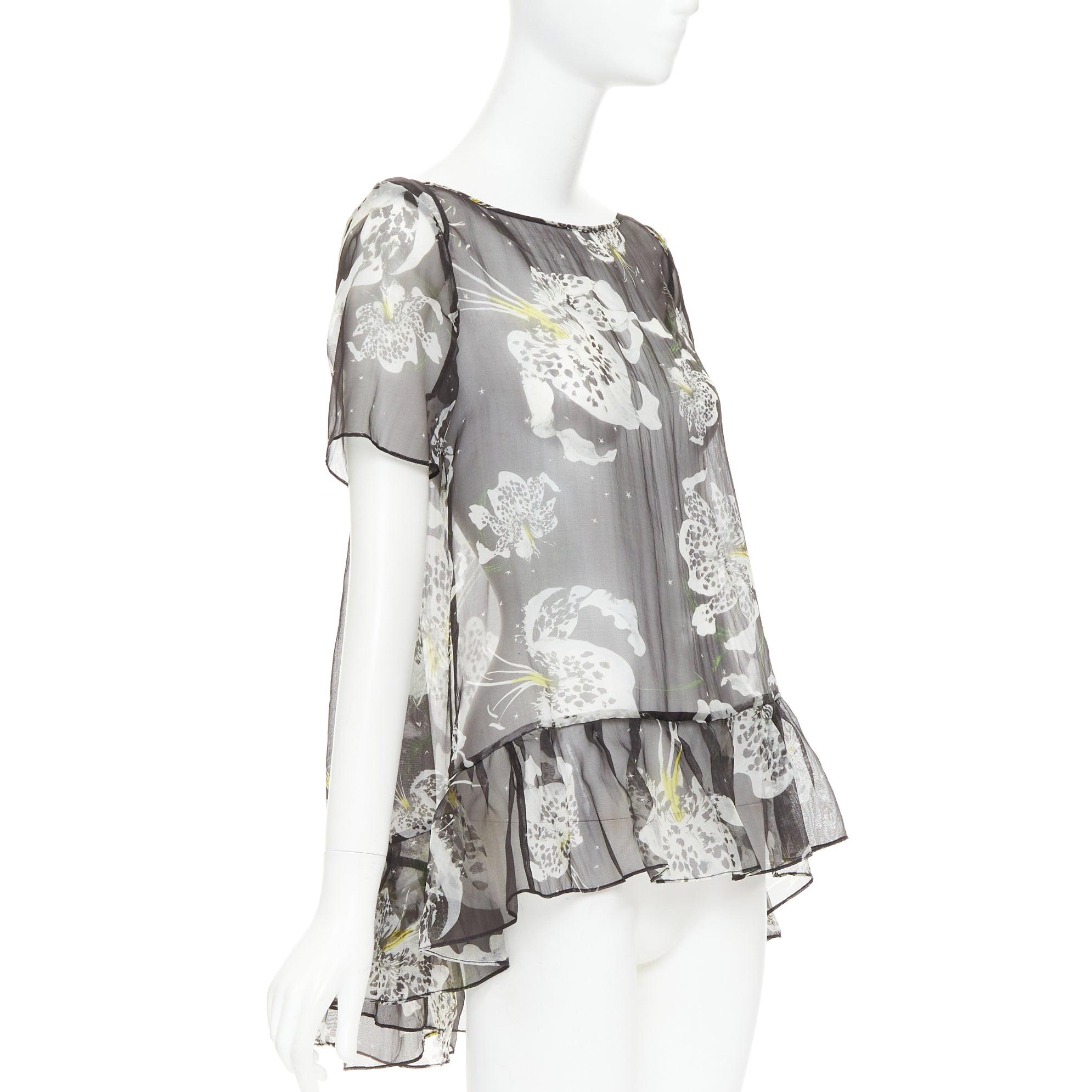 Grigio Erdem 100% seta nero giallo floreale a cascata con volant babydoll top UK10 M. in vendita