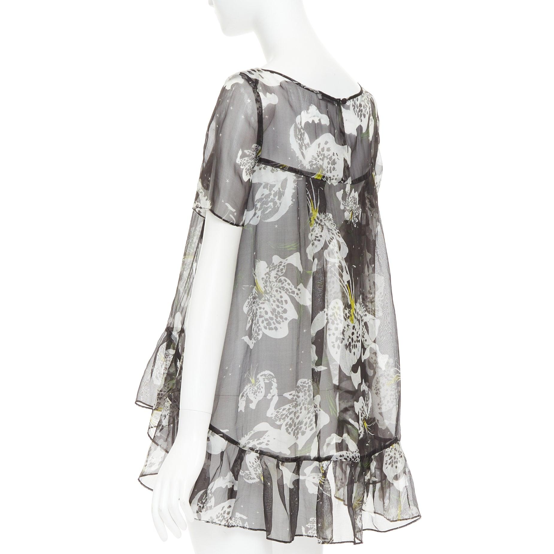 Erdem 100% seta nero giallo floreale a cascata con volant babydoll top UK10 M. in vendita 1