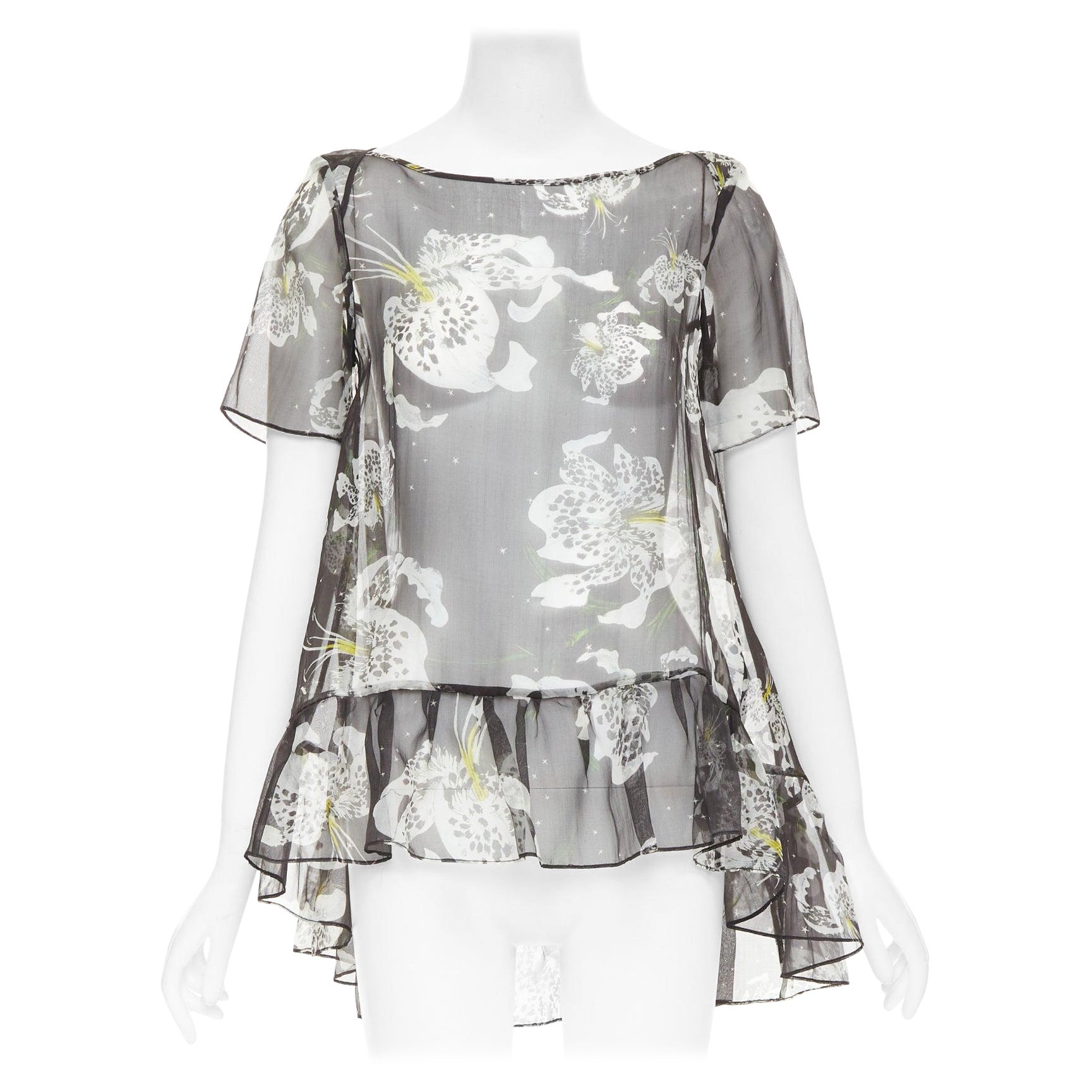 Erdem 100% seta nero giallo floreale a cascata con volant babydoll top UK10 M.