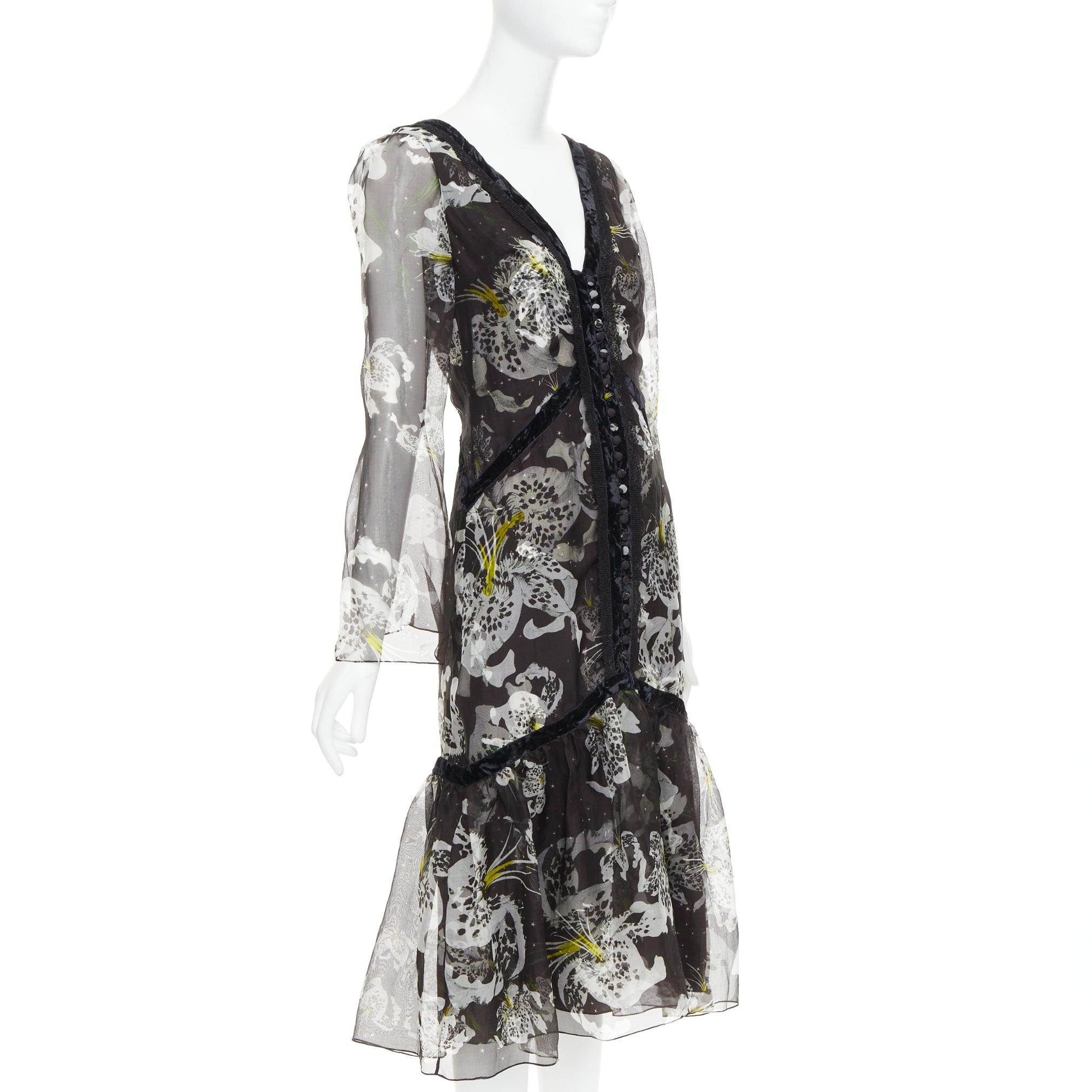 Black ERDEM 2016 Makayla black grey 100% silk floral back cut out  dress UK6 XS For Sale