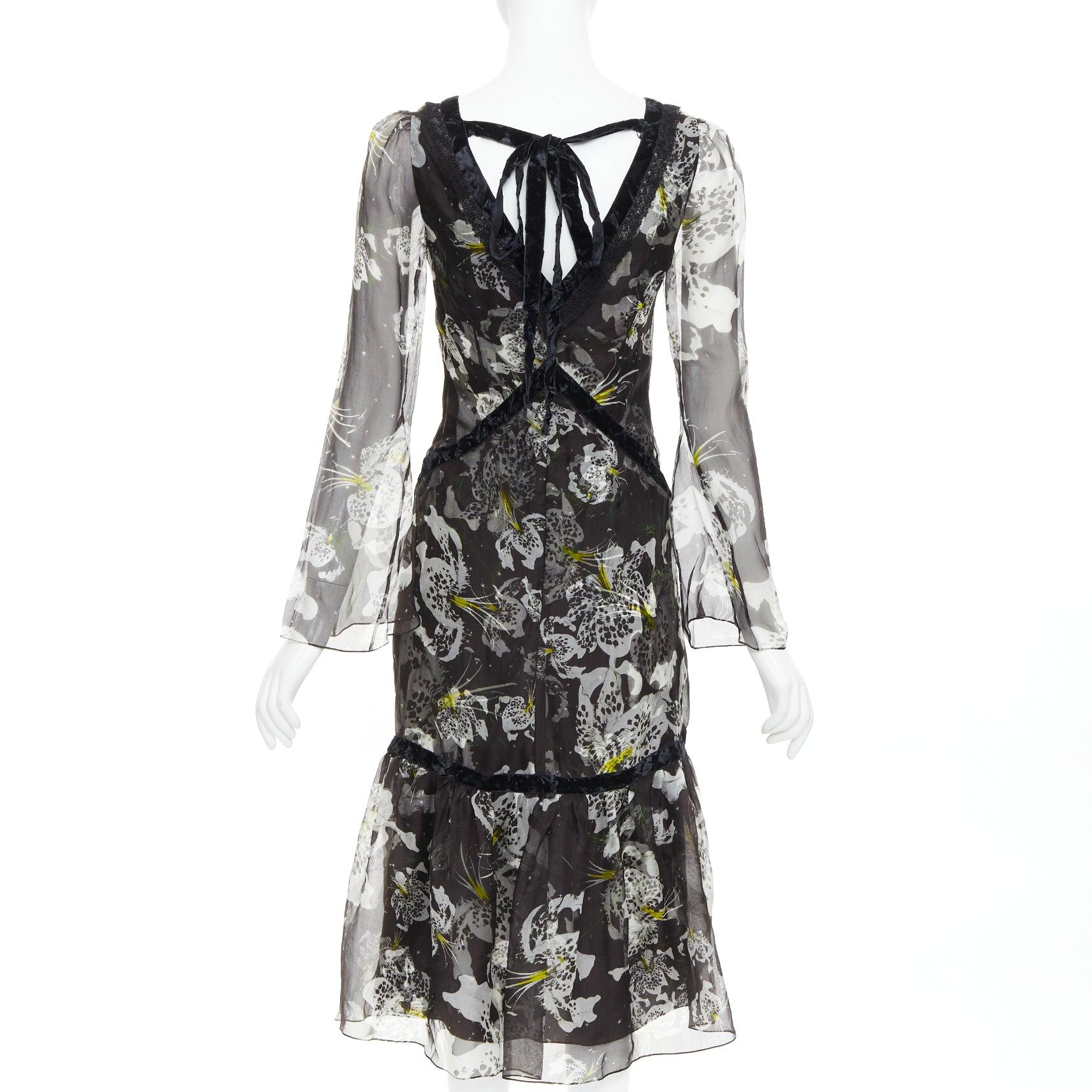 Women's ERDEM 2016 Makayla black grey 100% silk floral back cut out  dress UK6 XS For Sale
