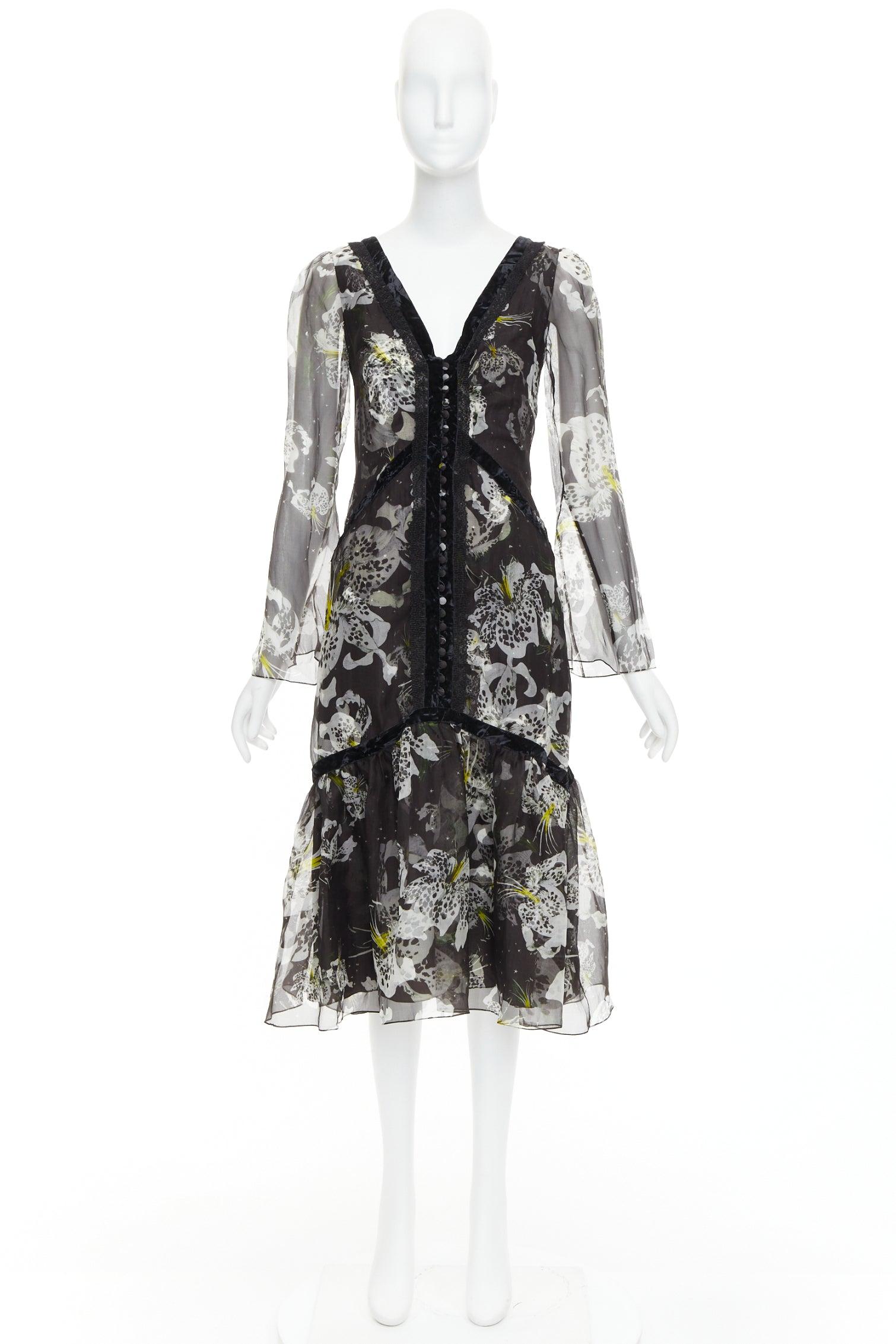 ERDEM 2016 Makayla black grey 100% silk floral back cut out  dress UK6 XS For Sale 4