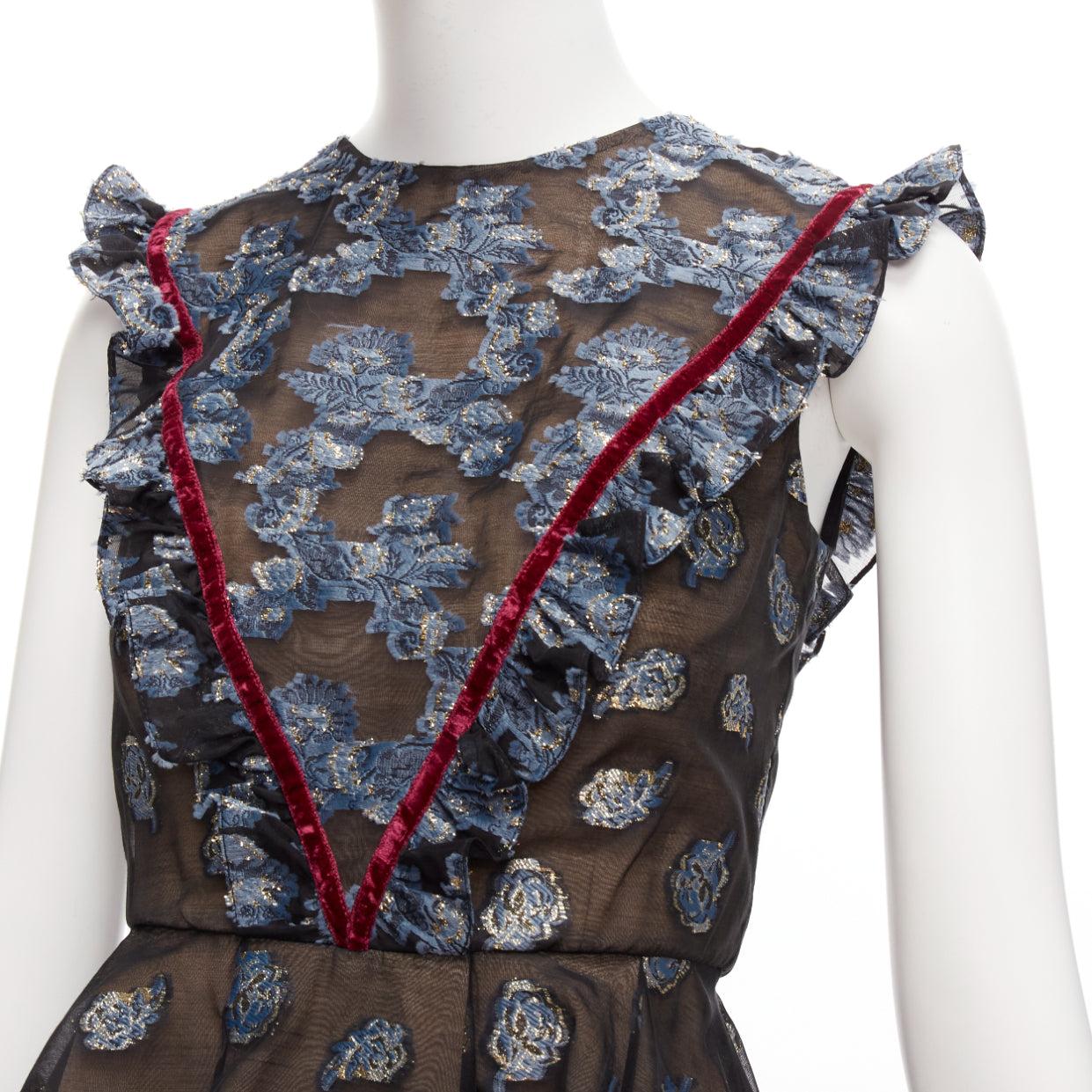 ERDEM 2016 multicolour velvet trim gold blue jacquard frill peplum top UK6 XS
Reference: AAWC/A01128
Brand: Erdem
Collection: AW 2016
Material: Cotton, Blend
Color: Black, Nude
Pattern: Floral
Closure: Zip
Lining: Nude Silk
Extra Details: Back zip.