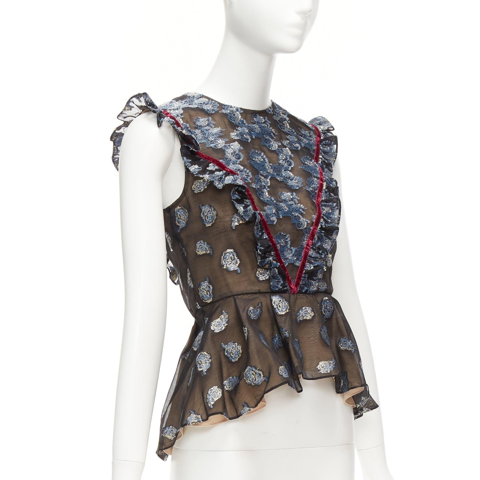 Gray ERDEM 2016 multicolour velvet trim gold blue jacquard frill peplum top UK6 XS For Sale