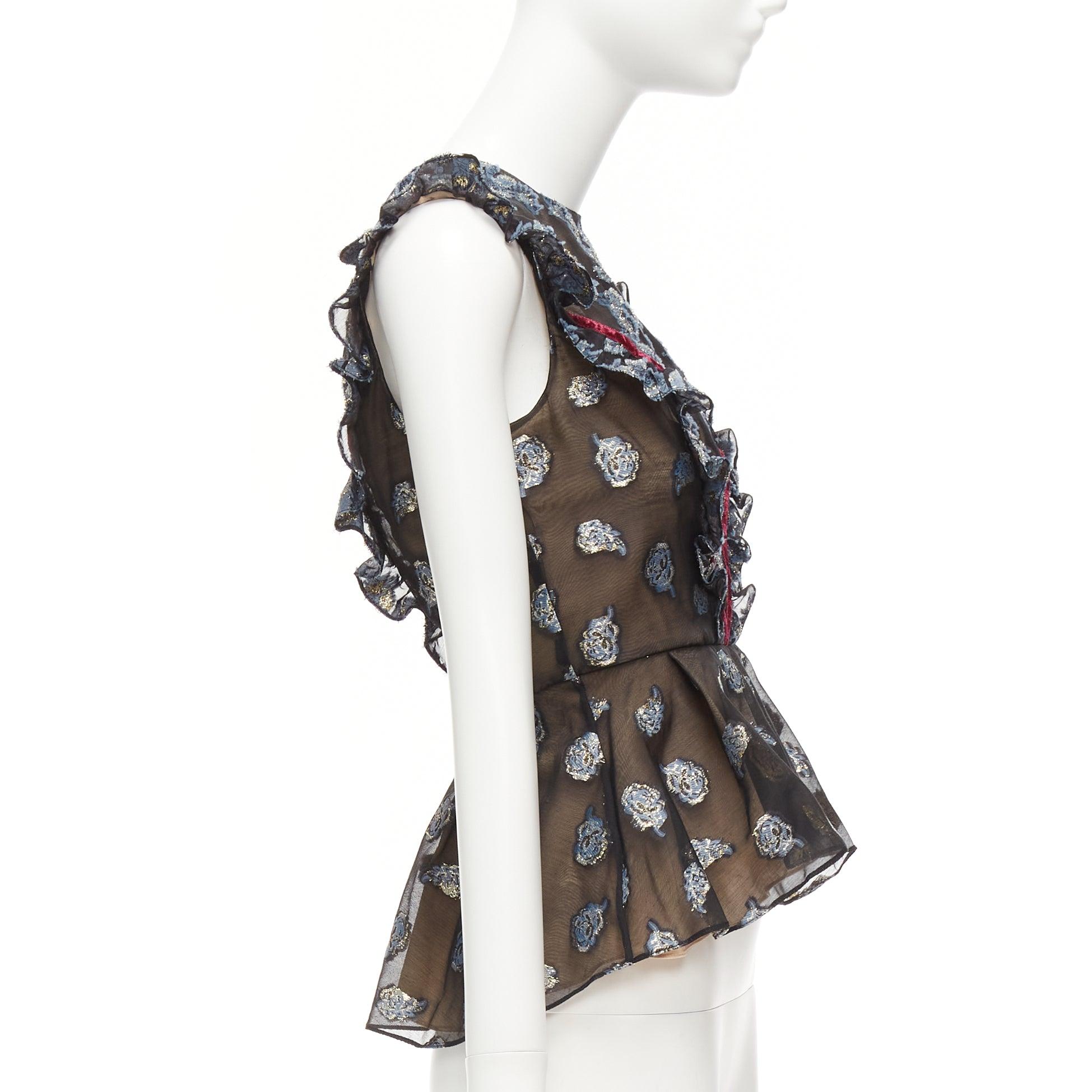 ERDEM 2016 multicolour velvet trim gold blue jacquard frill peplum top UK6 XS In Excellent Condition For Sale In Hong Kong, NT