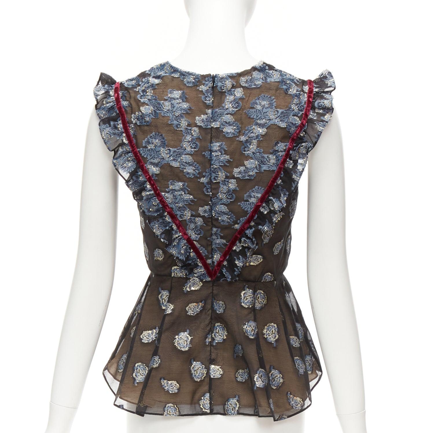 Women's ERDEM 2016 multicolour velvet trim gold blue jacquard frill peplum top UK6 XS For Sale