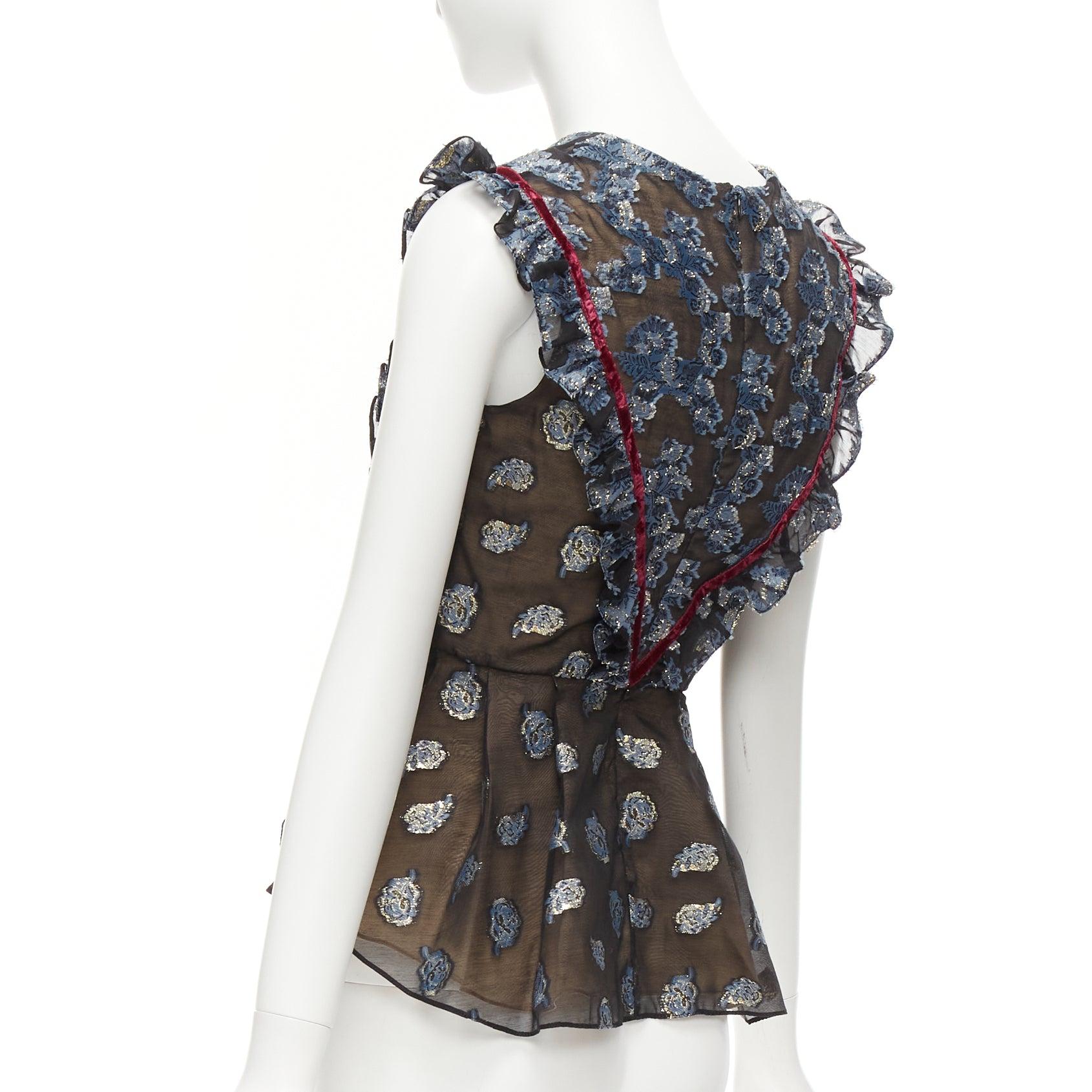 ERDEM 2016 multicolour velvet trim gold blue jacquard frill peplum top UK6 XS For Sale 1