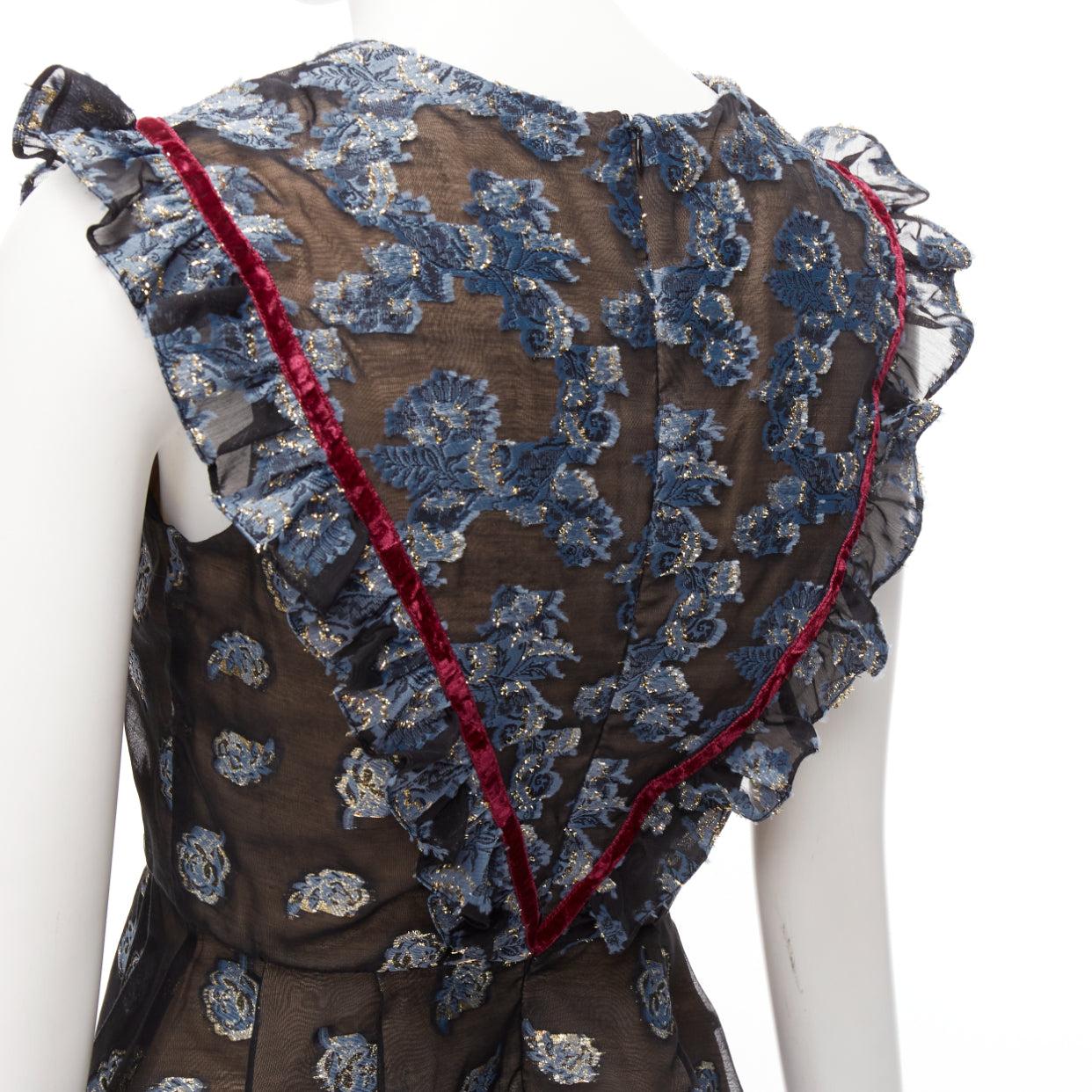 ERDEM 2016 multicolour velvet trim gold blue jacquard frill peplum top UK6 XS For Sale 2