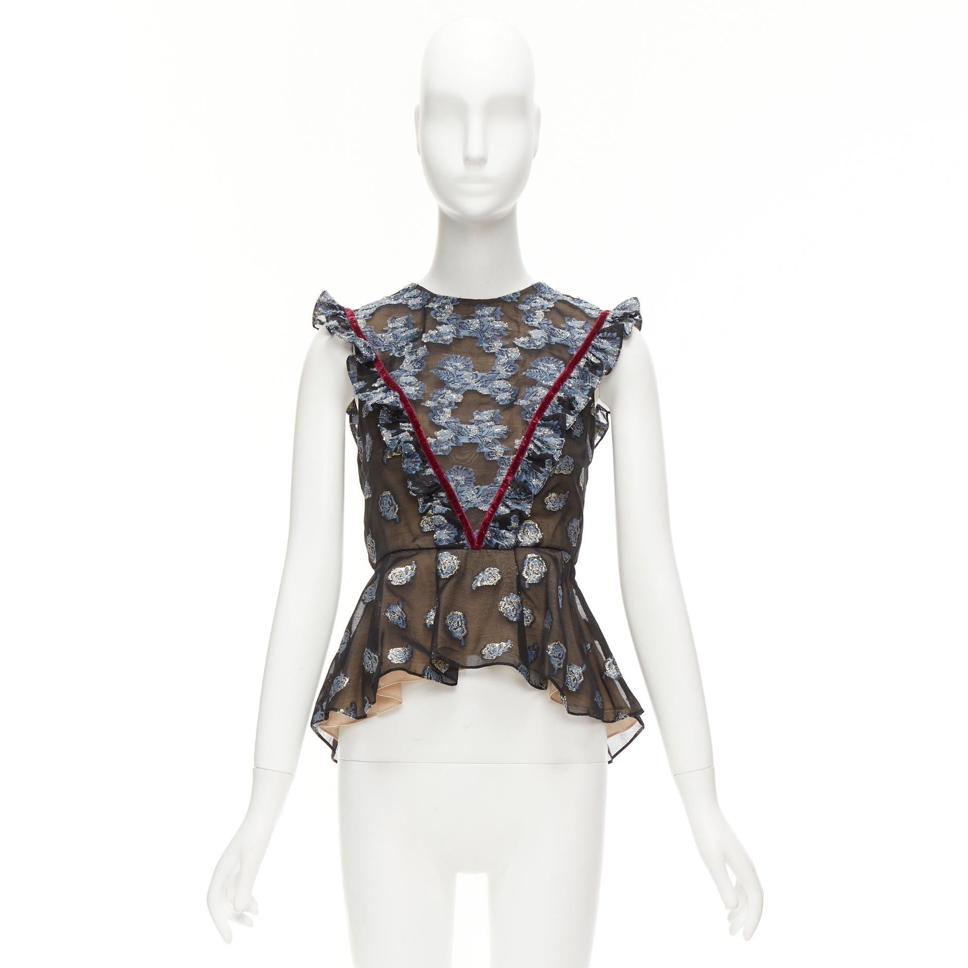 ERDEM 2016 multicolour velvet trim gold blue jacquard frill peplum top UK6 XS For Sale 4