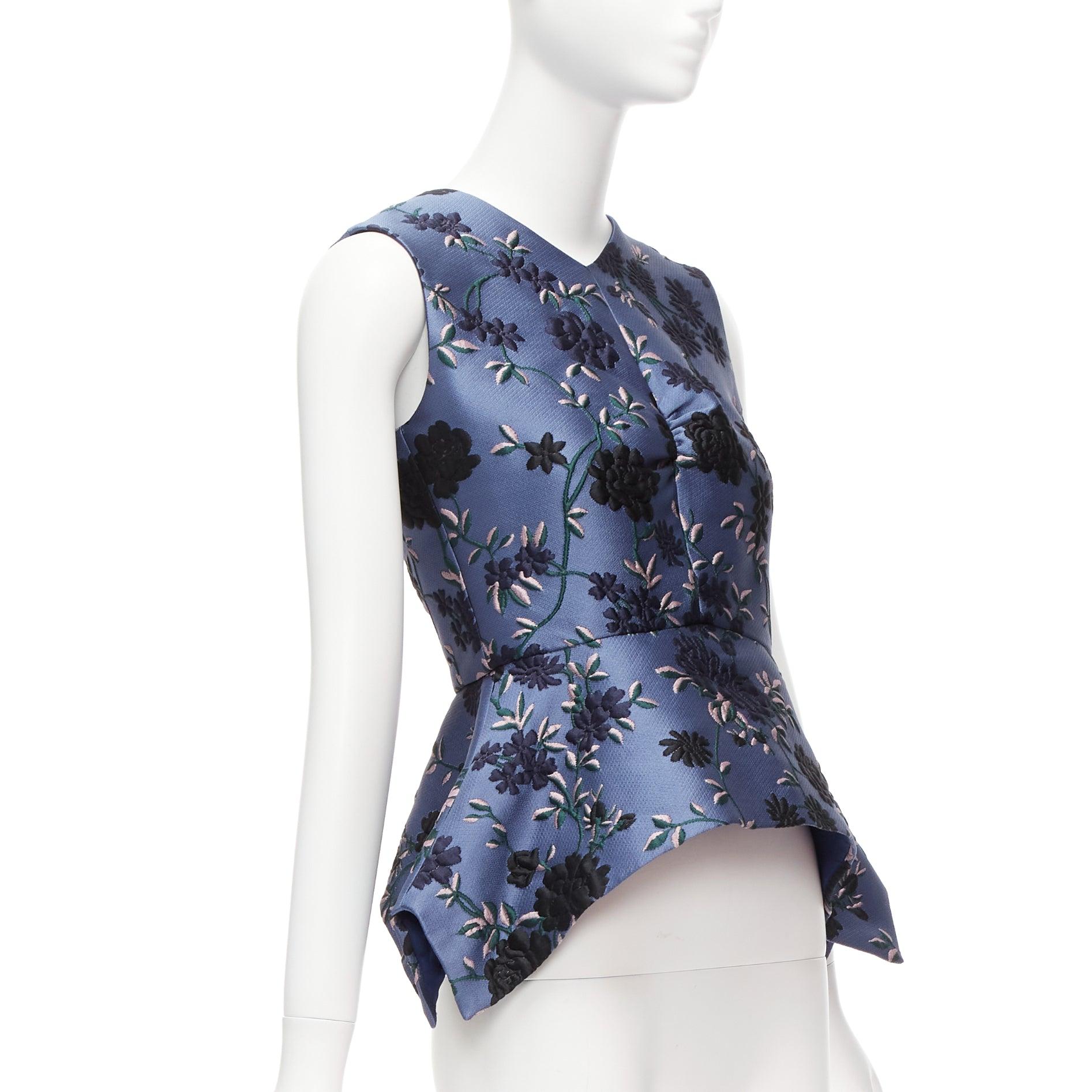 ERDEM 2019 Glenn blue navy floral cloque peplum high low top UK6 XS In Excellent Condition For Sale In Hong Kong, NT