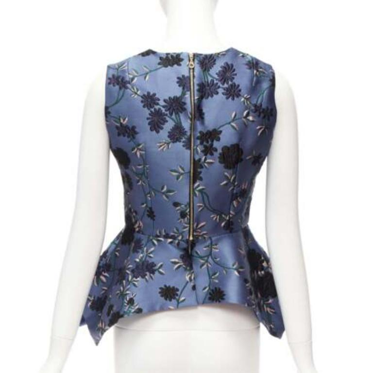 Women's ERDEM 2019 Glenn blue navy floral cloque peplum high low top UK6 XS